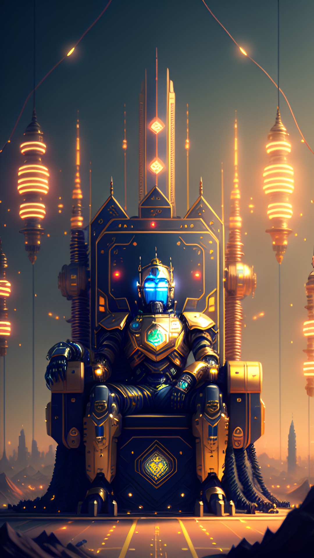 the robot king sitting in its throne - the towering robot king sits upon its throne, majestically adorned with glowing wires and metallic plating, overlooking a bustling robotic kingdom preview