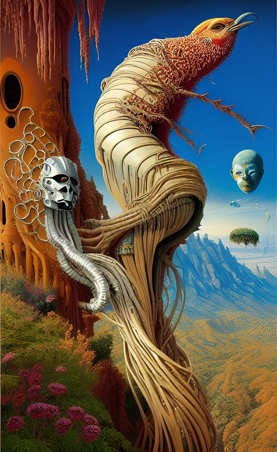 panorama, flaming bird, oniric ninja, artwork by h.r. giger & peter gric &roger dean & jean -baptiste monge & bernard frize, adorned pearls and jewels, cinematic composition $signature, watermark$ preview