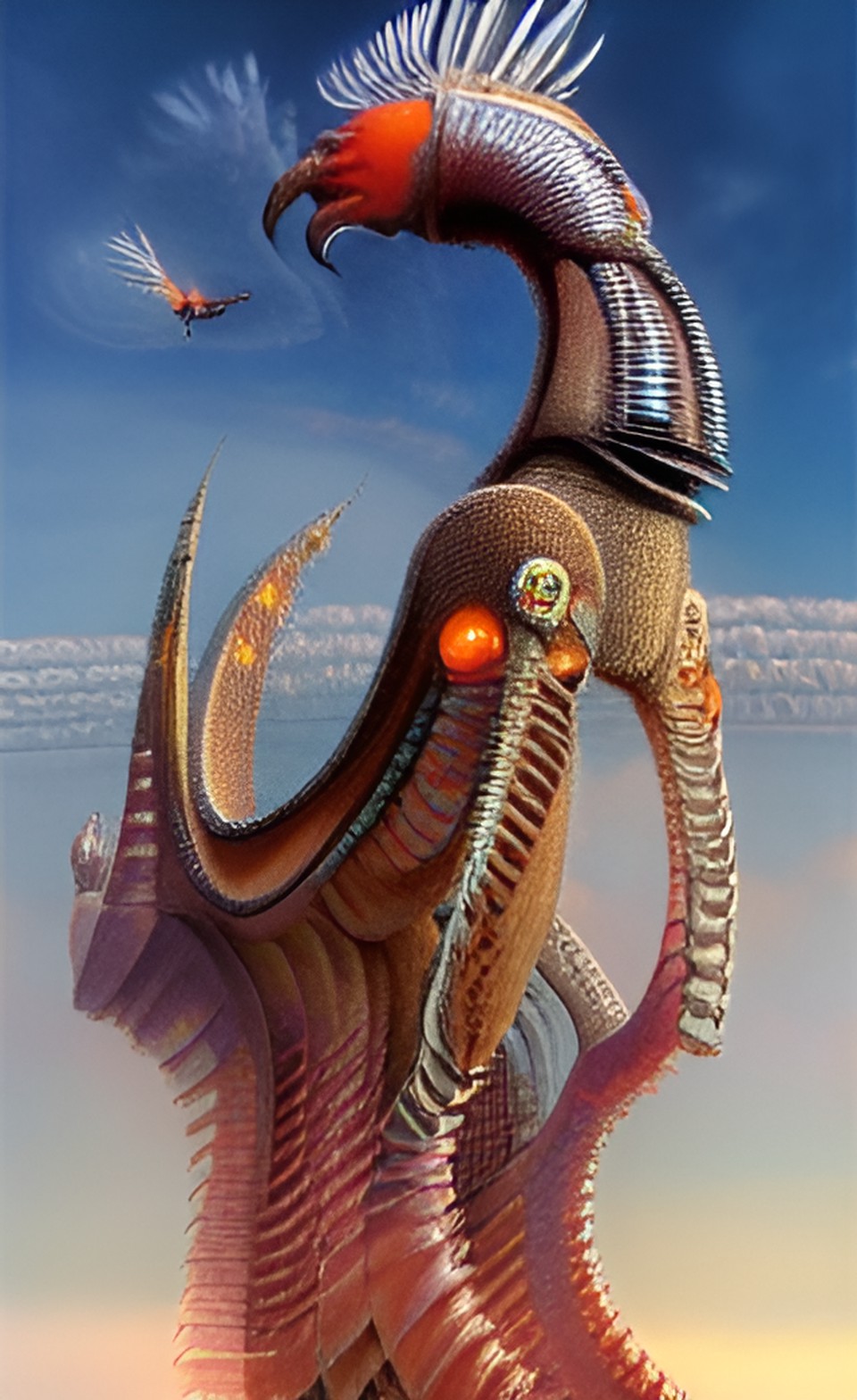 panorama, flaming bird, oniric robot, artwork by h.r. giger & peter gric &roger dean & jean -baptiste monge & bernard frize, adorned pearls and jewels, cinematic composition $signature, watermark$ preview