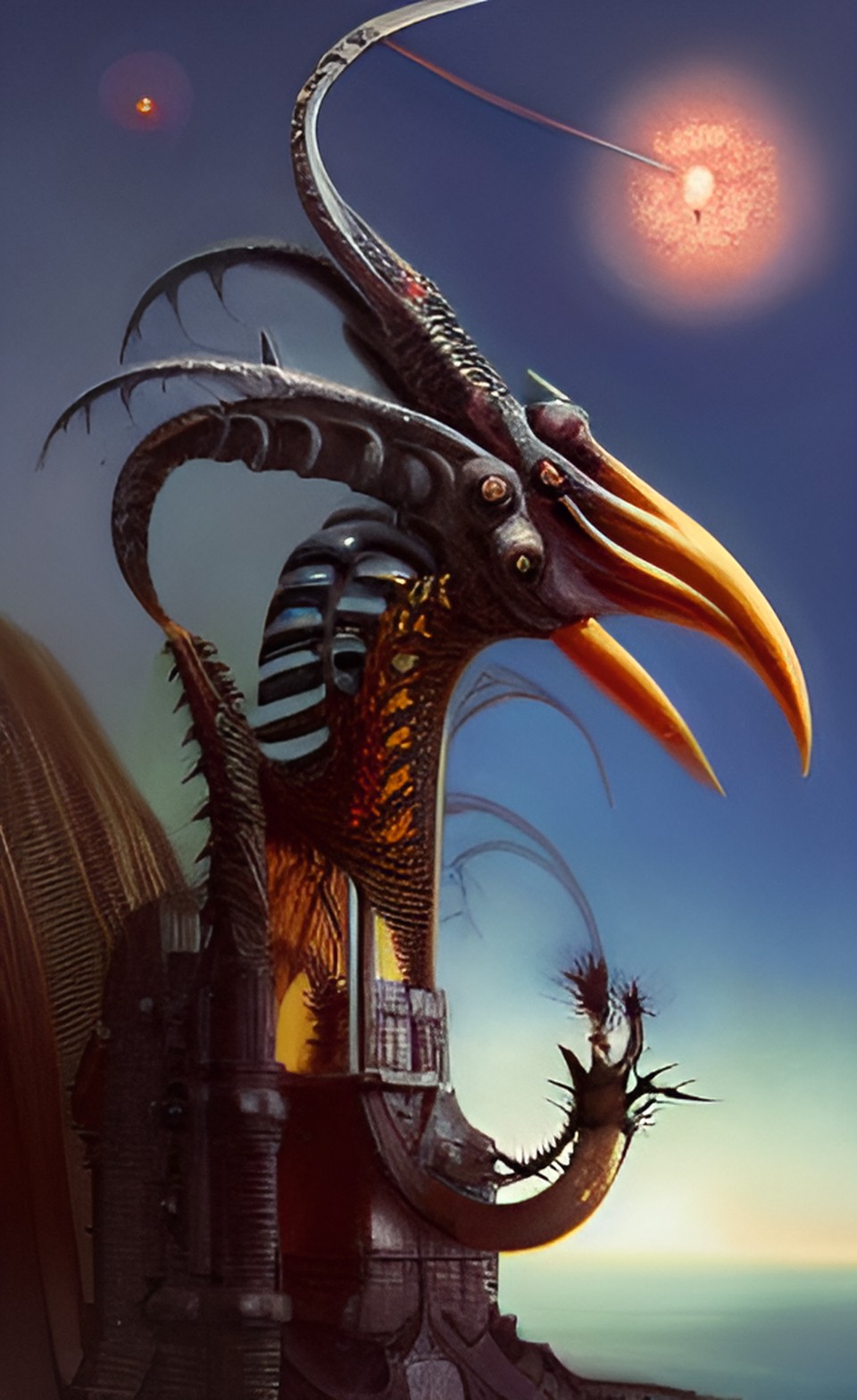 panorama, flaming bird, oniric robot, artwork by h.r. giger & peter gric &roger dean & jean -baptiste monge & bernard frize, adorned pearls and jewels, cinematic composition $signature, watermark$ preview