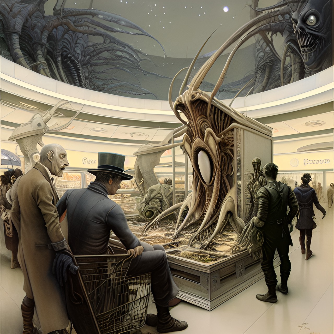 1910s,alien peoples buying on shoping center in mars,by syd mead&larry elmore&arthur rackham$colors$pastel preview