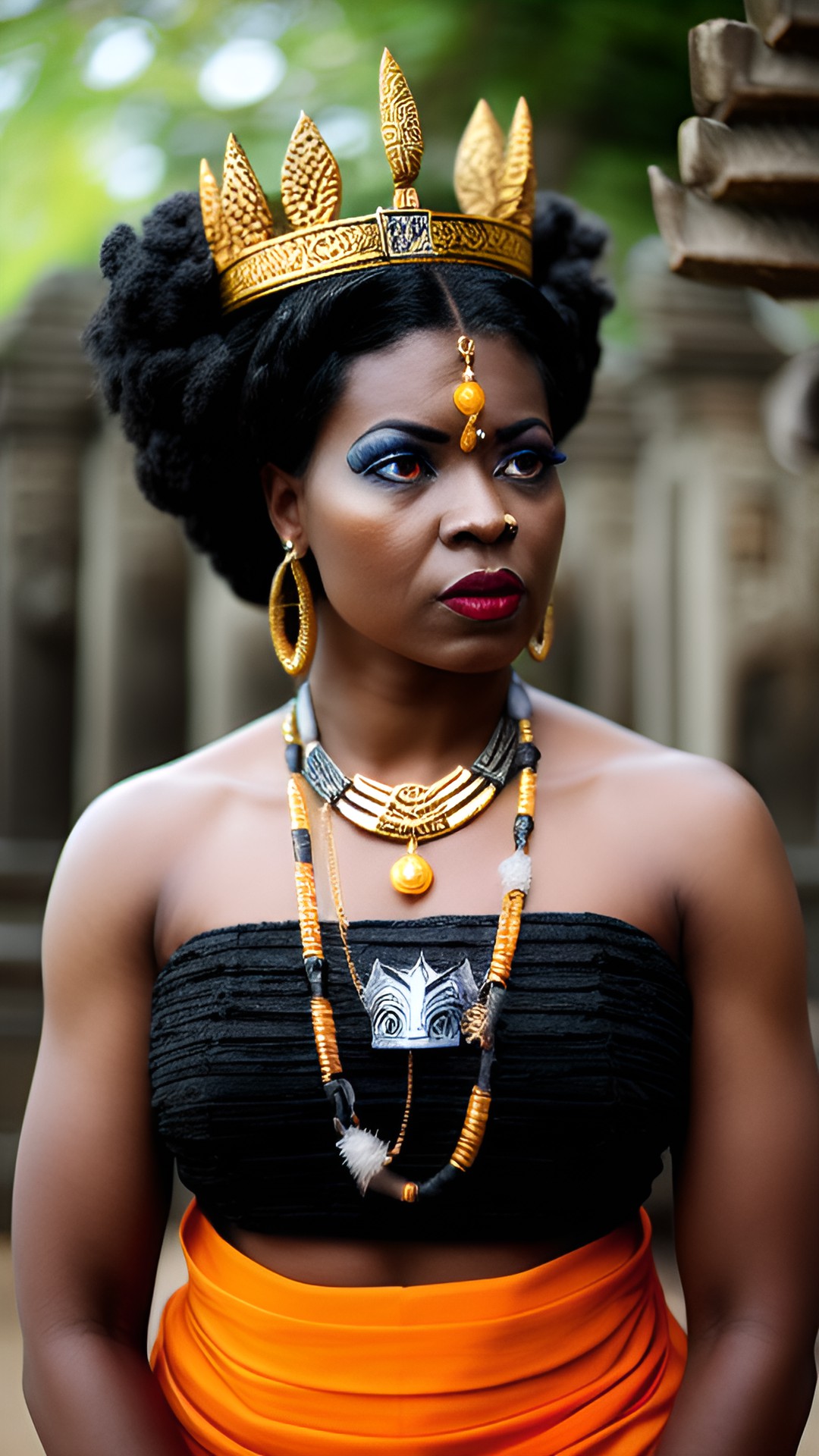 fierce and angry ancient african-american goddess ￼with black wings and a crown inside an ancient temple preview