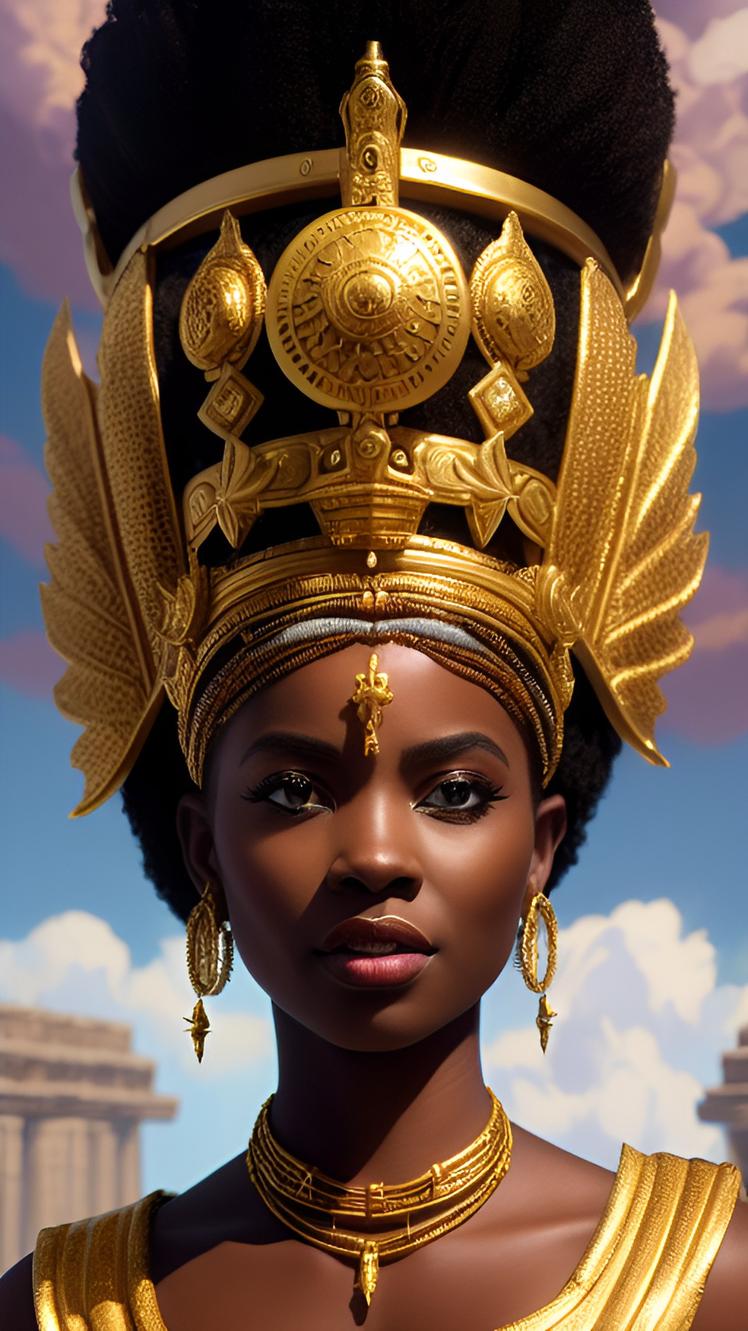 ancient african-american goddess with black wings wearing a golden crown, with the background of an ancient temple preview