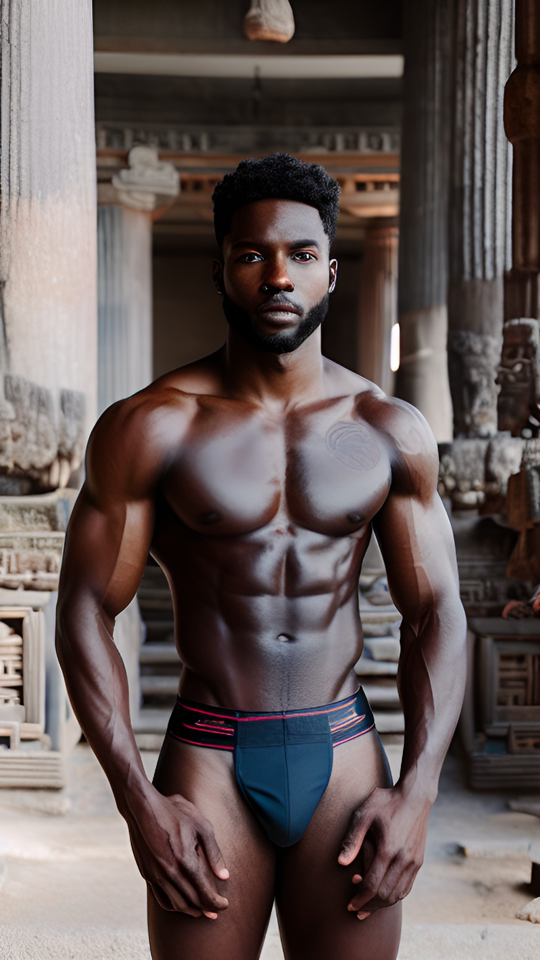 shirtless black male god standing in ancient temple ￼ preview