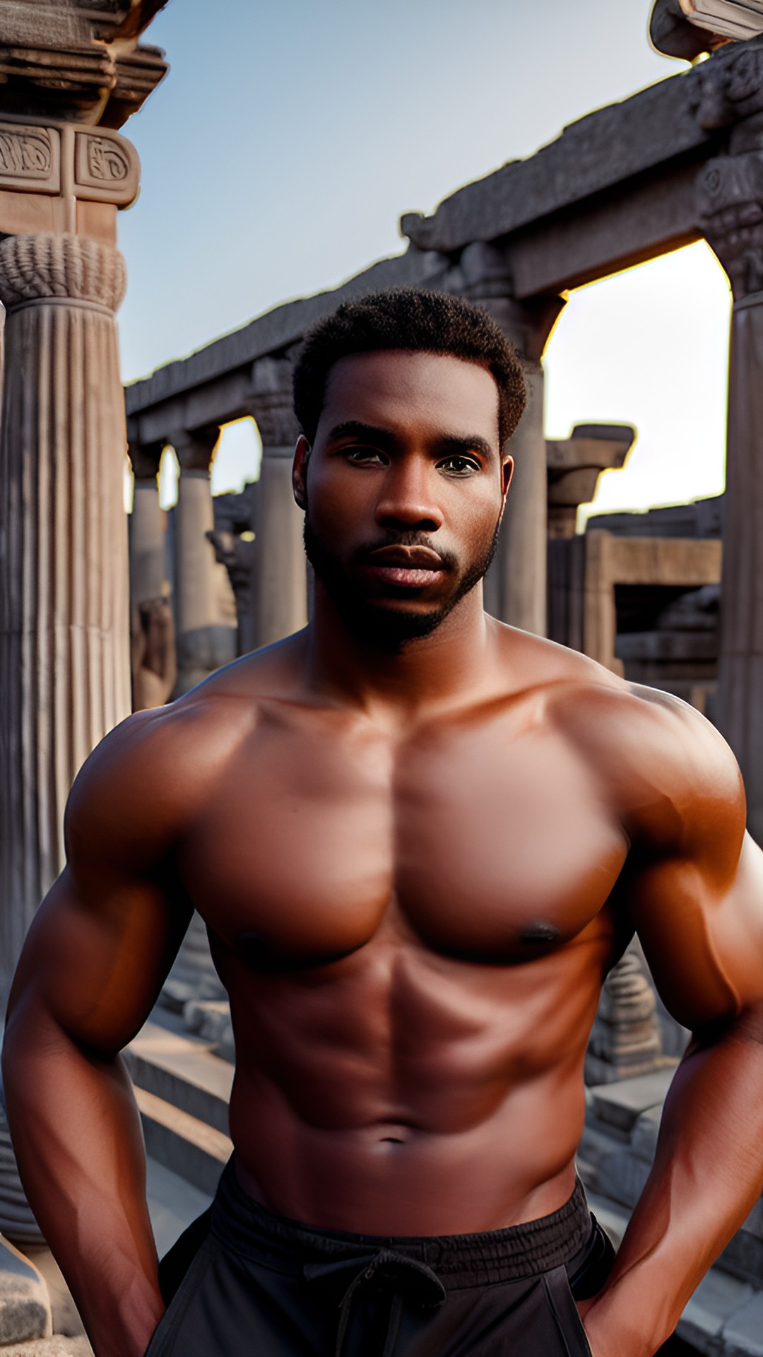 shirtless black male god standing in ancient temple ￼ preview