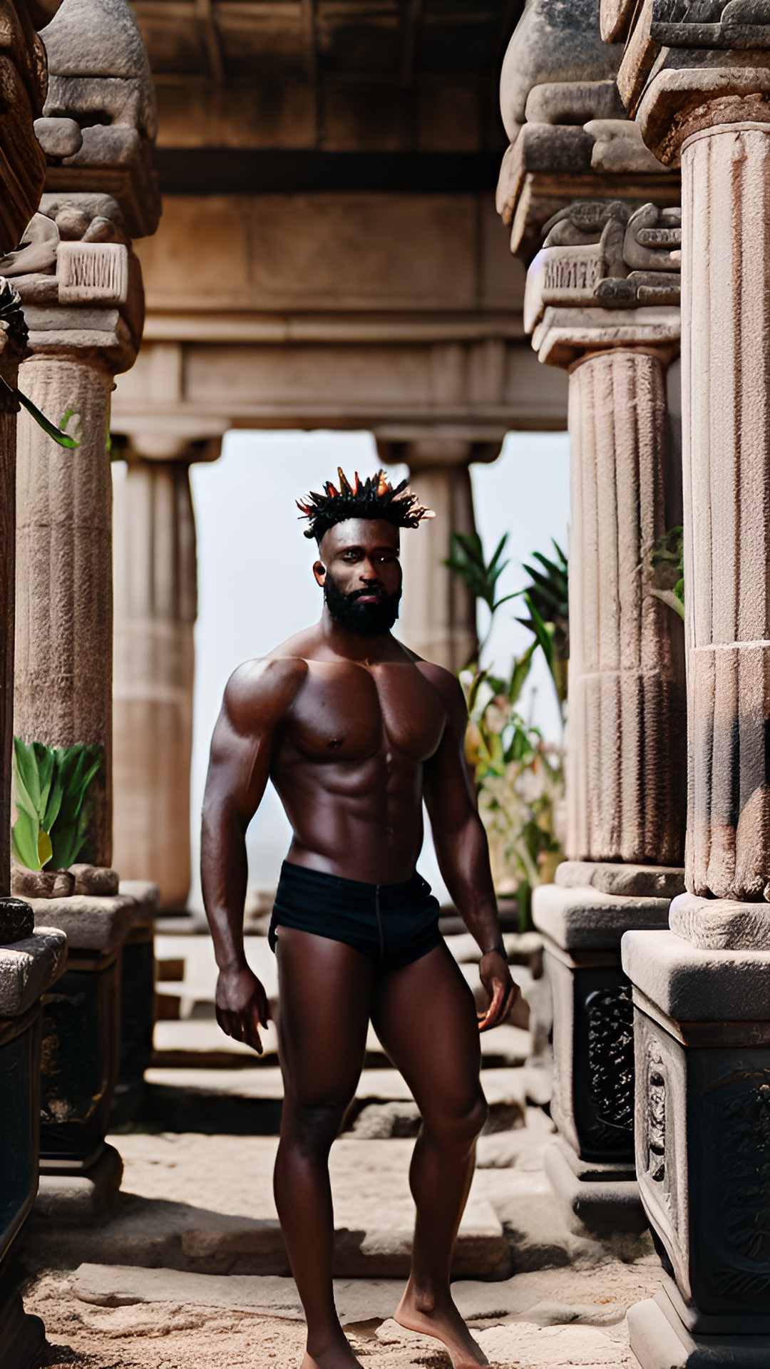 shirtless black male god standing in ancient temple ￼with lots of plants preview