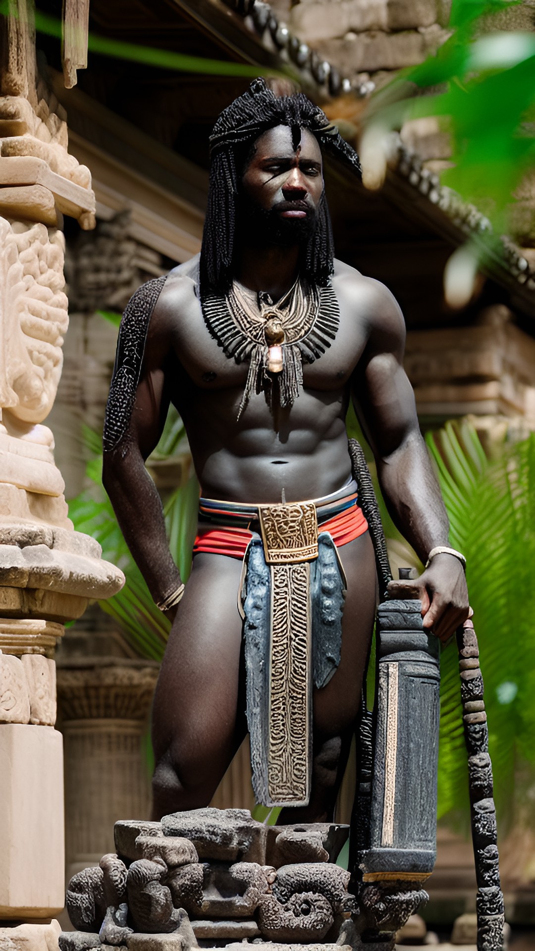 close up view of a shirtless black male god in ancient temple with lots of plants preview