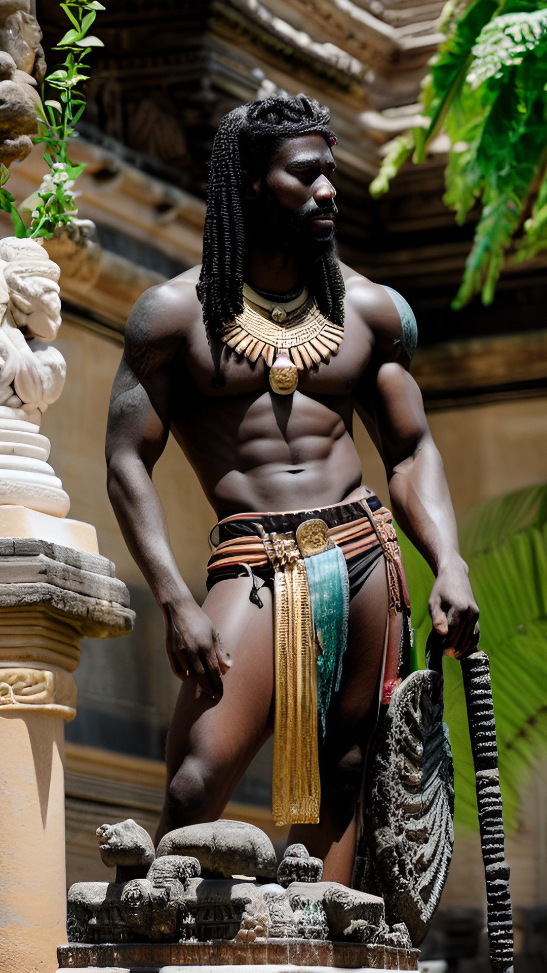 close up view of a shirtless black male god in ancient temple ￼with lots of plants preview