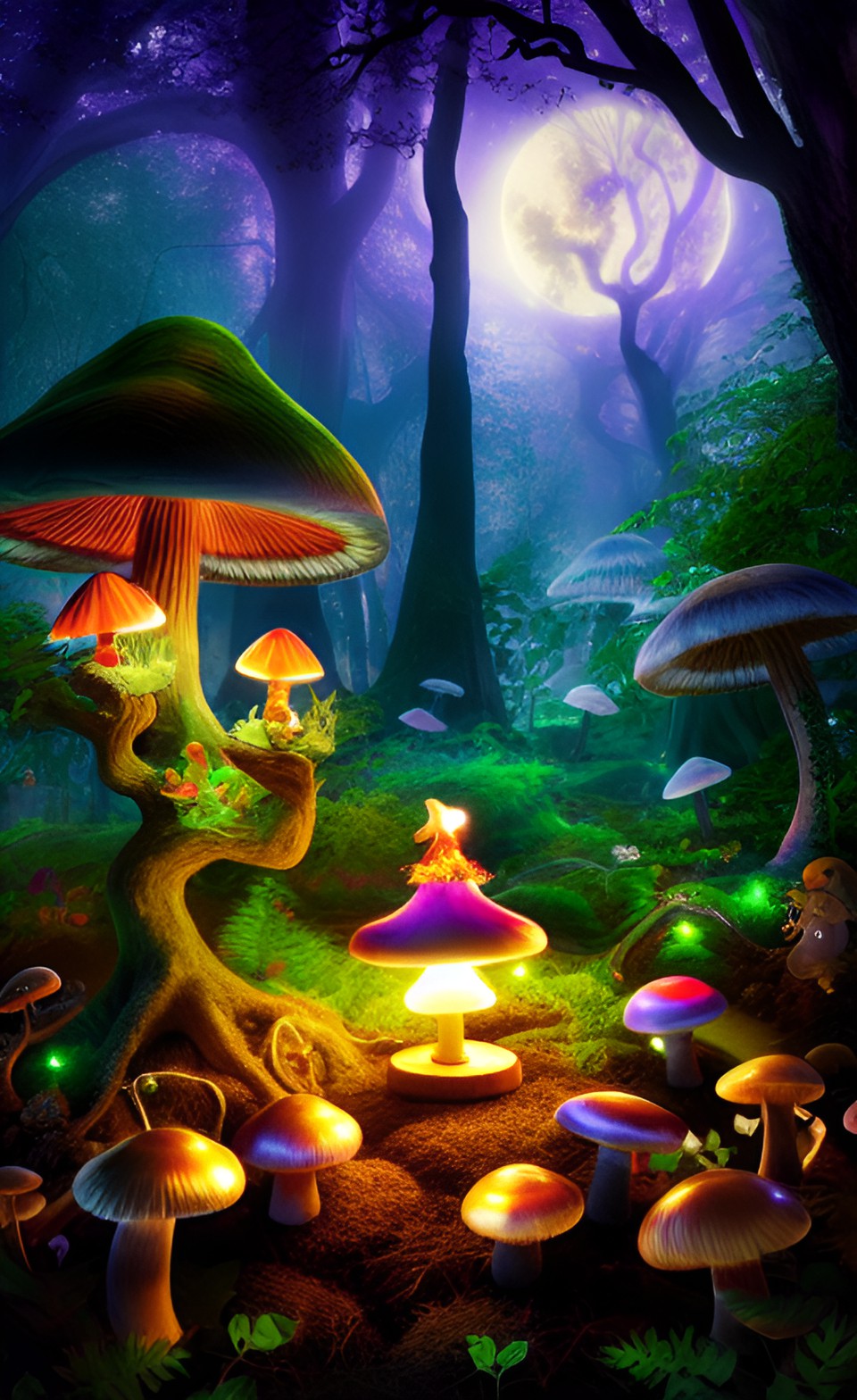 an enchanted forest with gnarled trees, glowing mushrooms and fairies dancing in the moonlight preview