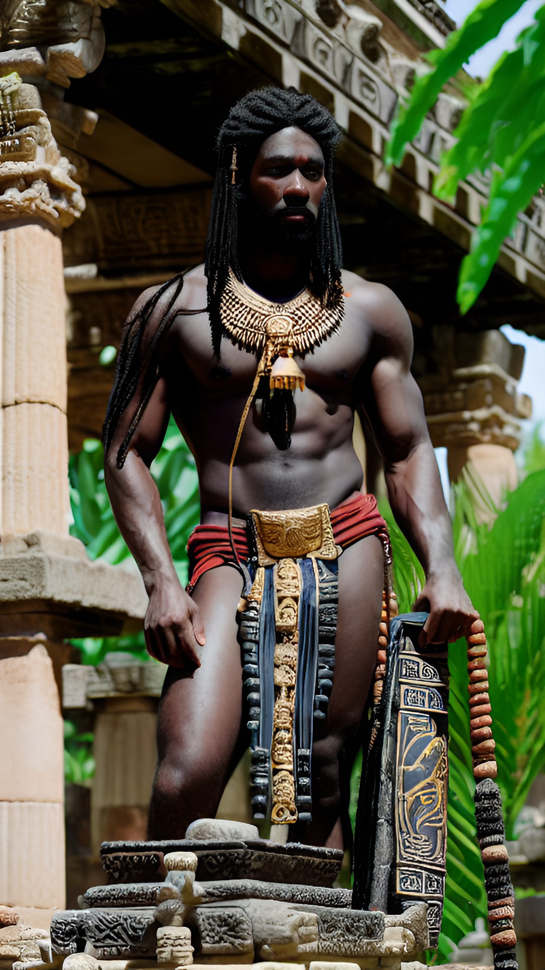close up view of a shirtless black male god in ancient temple with lots of plants preview