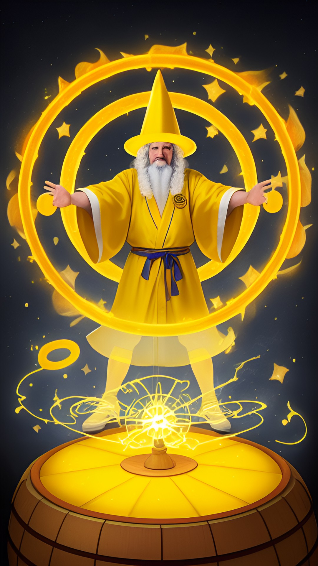 Presto cheeso - cheese wizard in yellow robes casting a spell that makes a giant wheel of cheese above his head preview