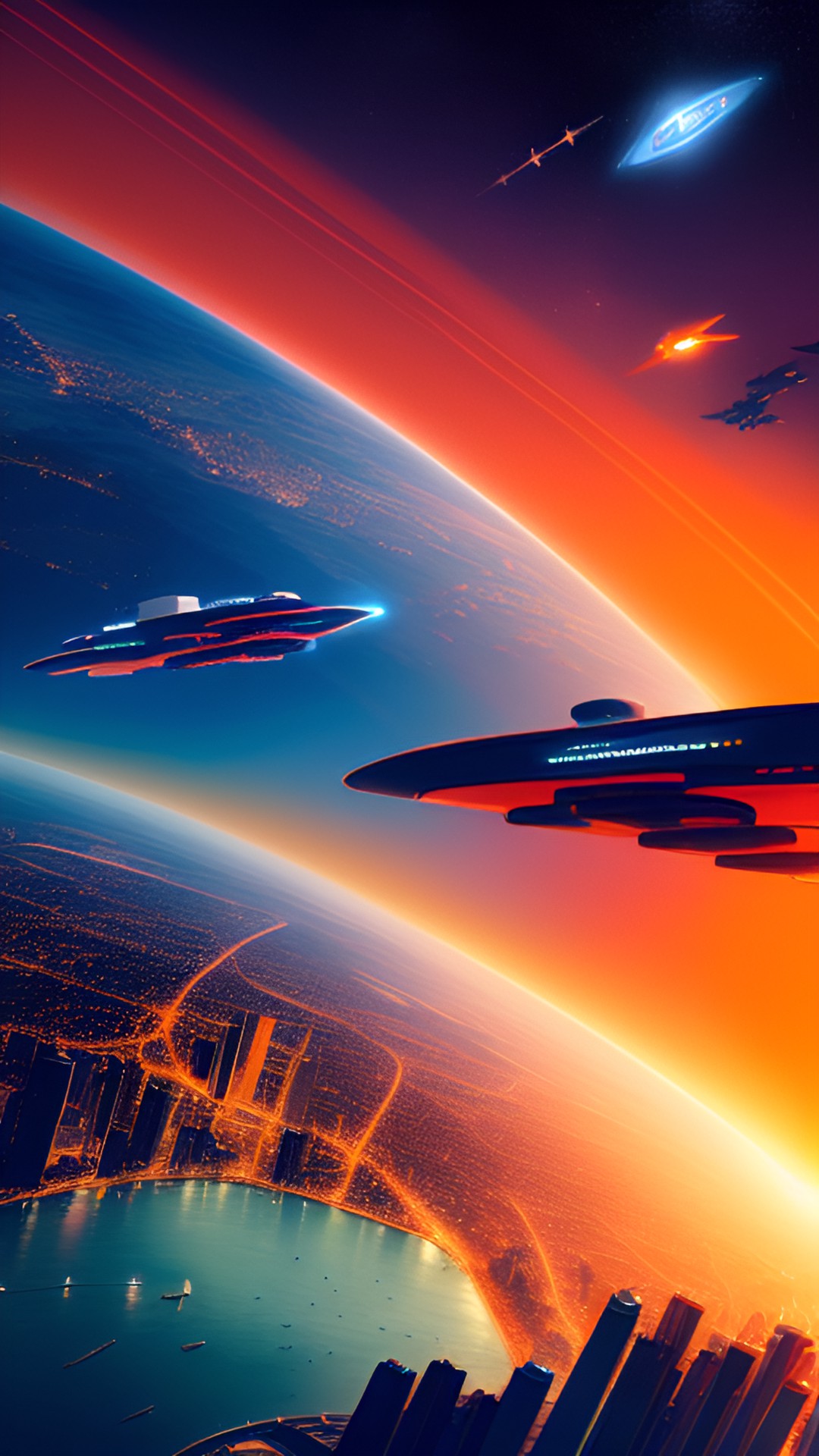 a futuristic orange city skyline, with spaceships flying around. preview