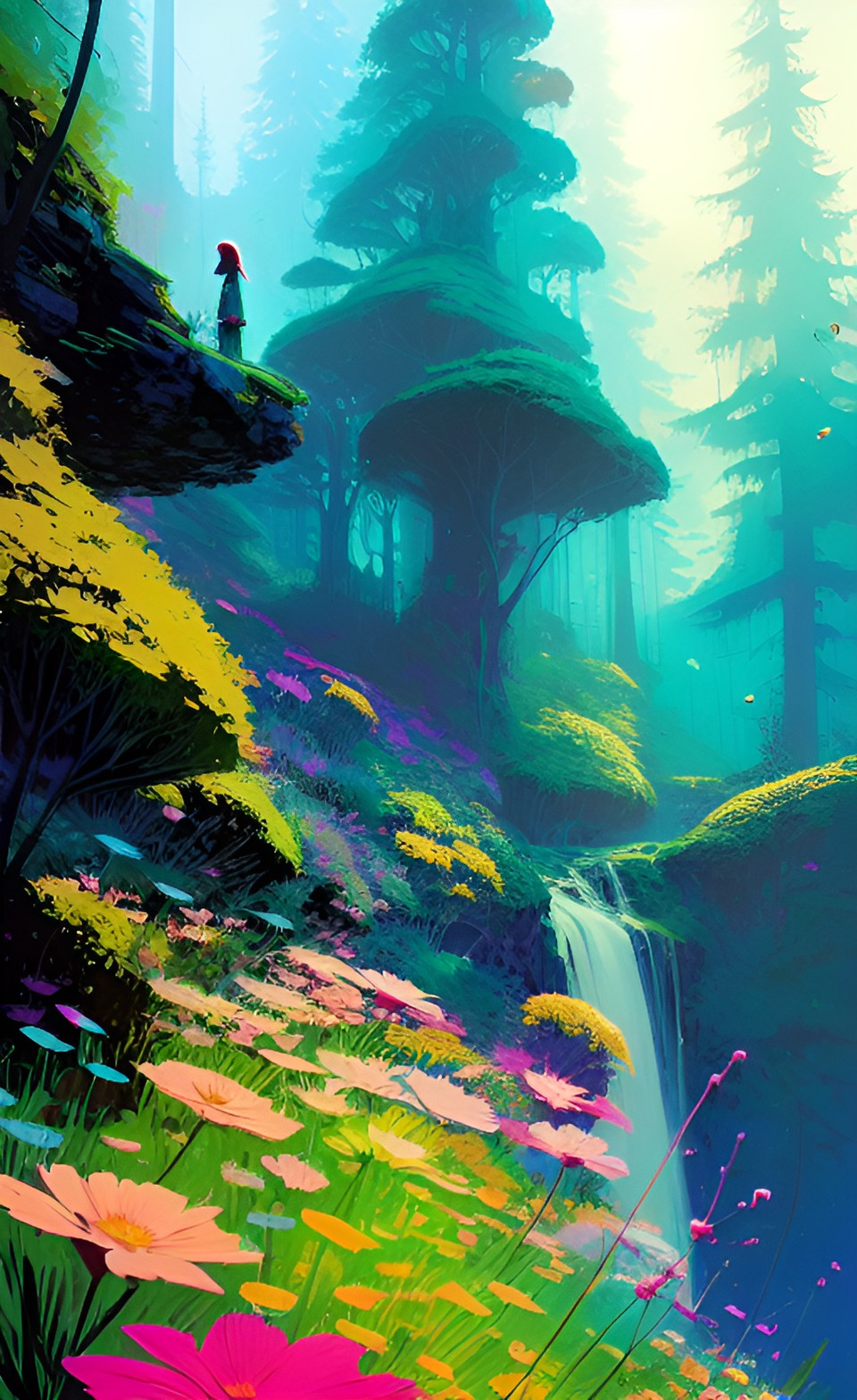 whimsical forest, unrealistically colored flowers, gemstone cliffs, magic preview