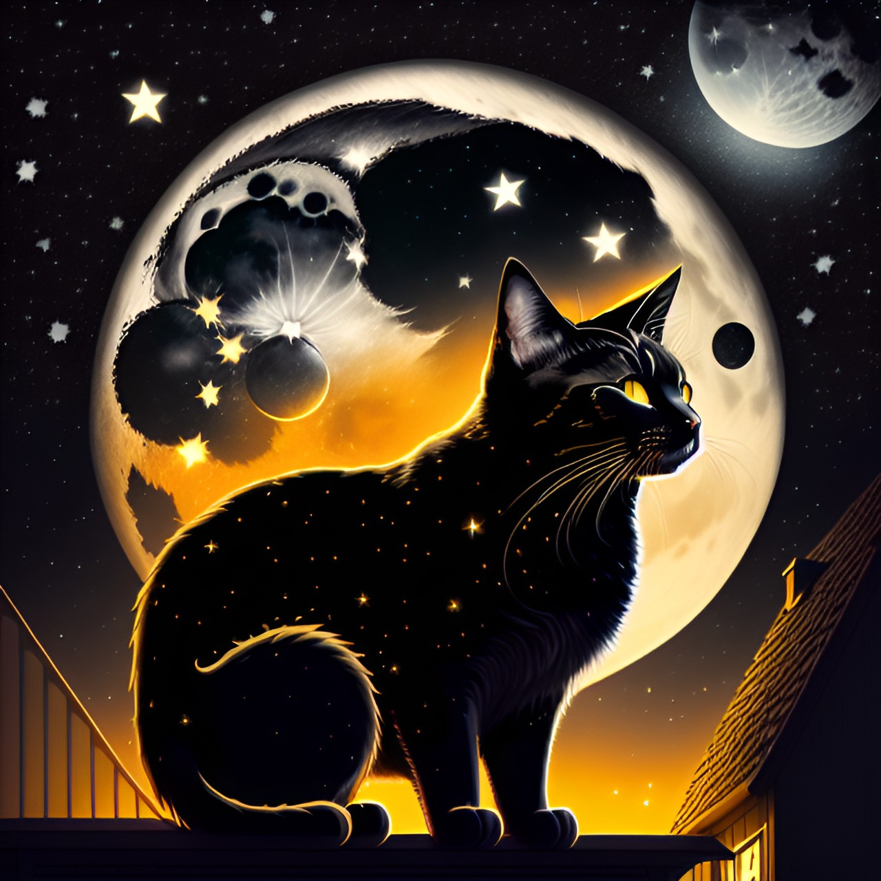 black - black cat under the moon, the cat is on the roof looking the moon and stars preview