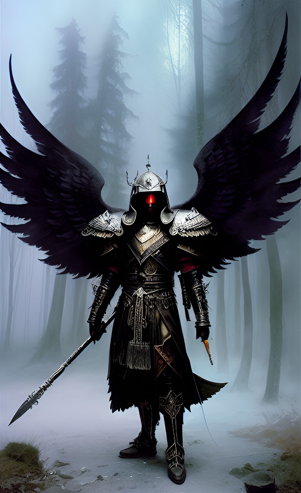 Throne Battle 9 - a large wings angel warrior with a helmet covering his face and a spear preview