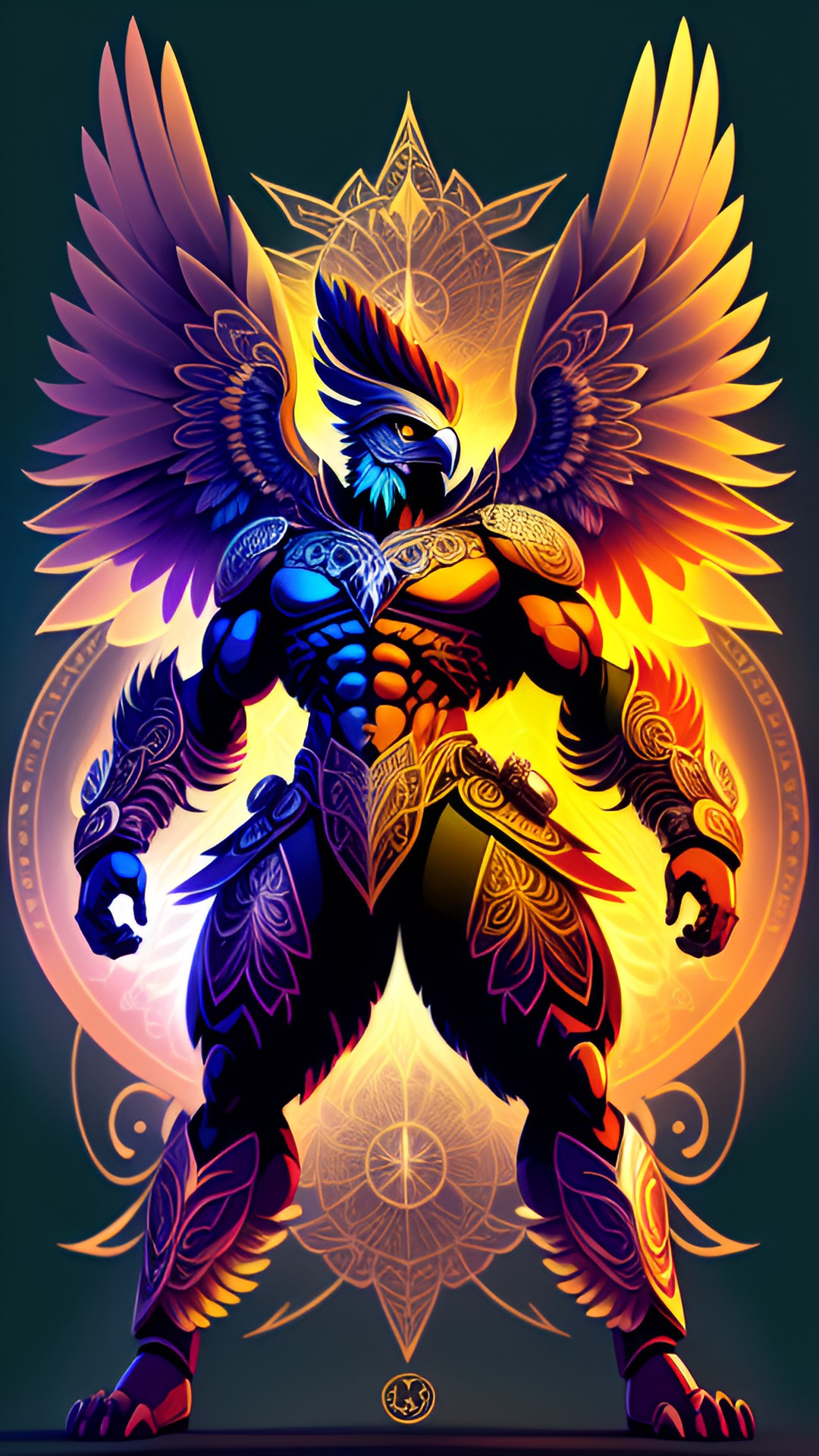 Bird God - eagle alien human fusion muscular toned figure bird wings fighting pose dna background 2d animated cartoon intricately detailed preview