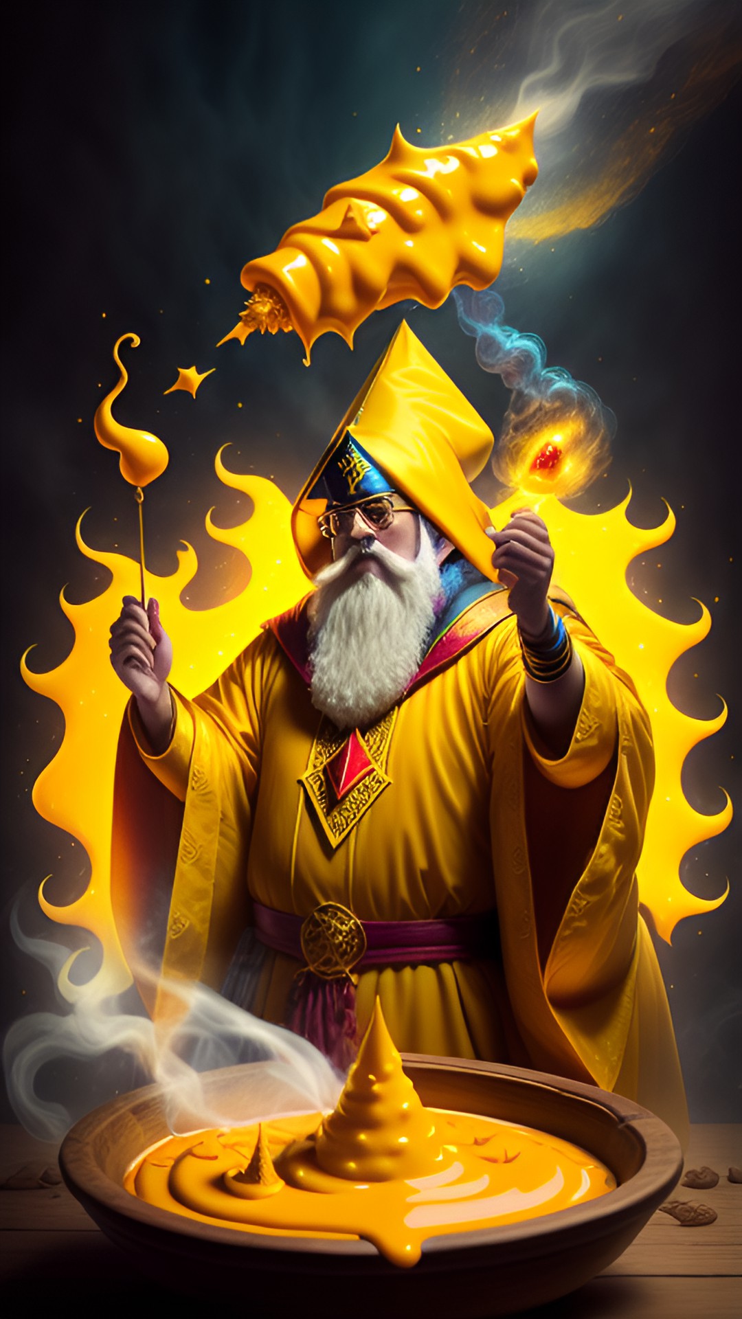 Cheese wiz - wizard in yellow robes casting a spell that shoots nacho cheese into the air preview