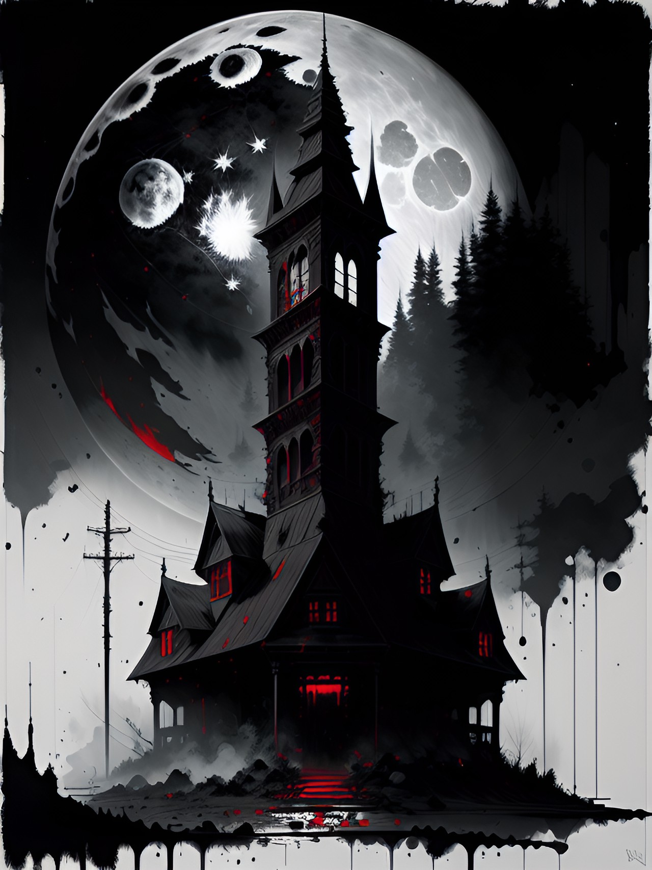 a werewolf under a giant blood moon, black white grey and red preview