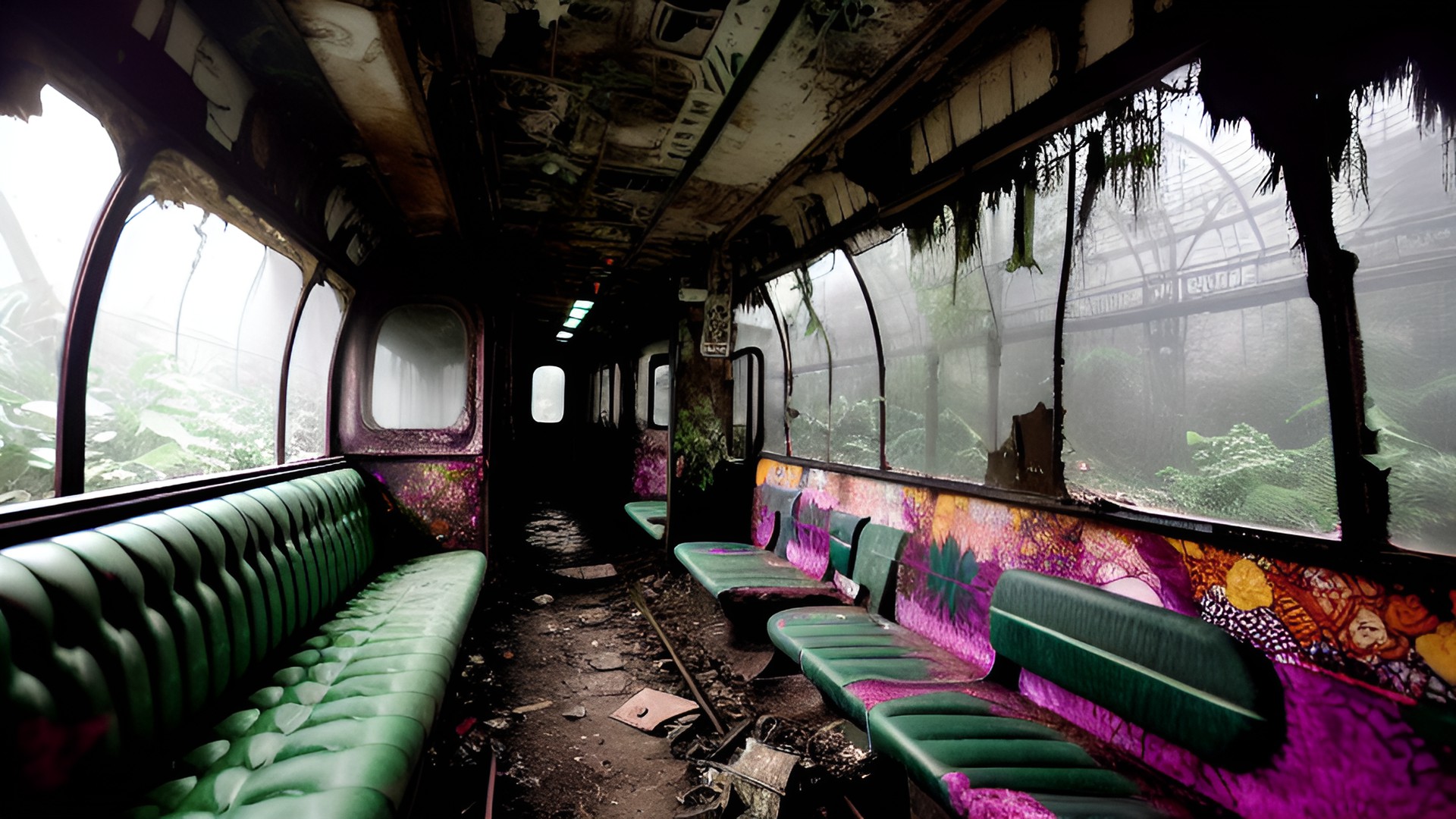 inside if a abandoned subway car, in jungle, ruins, vine covered preview