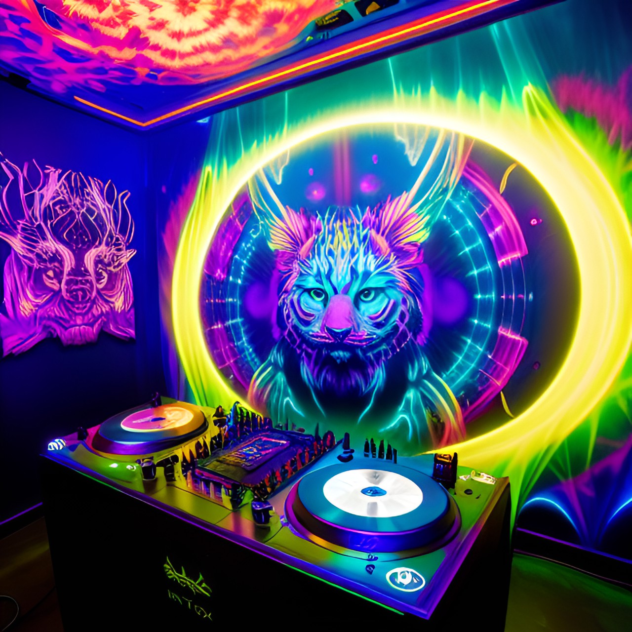 dark dj turntables  - a dark and mysterious dj booth with turntables glowing in neon blue, surrounded by smoke and lasers, creating a futuristic and electrifying atmosphere." preview