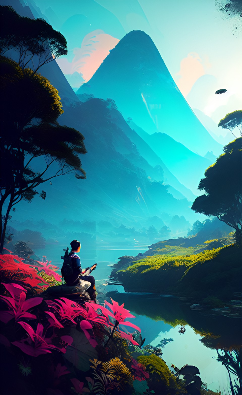 an old world illustration with mountains on the background, in the style of iban art, reefwave, sublime preview