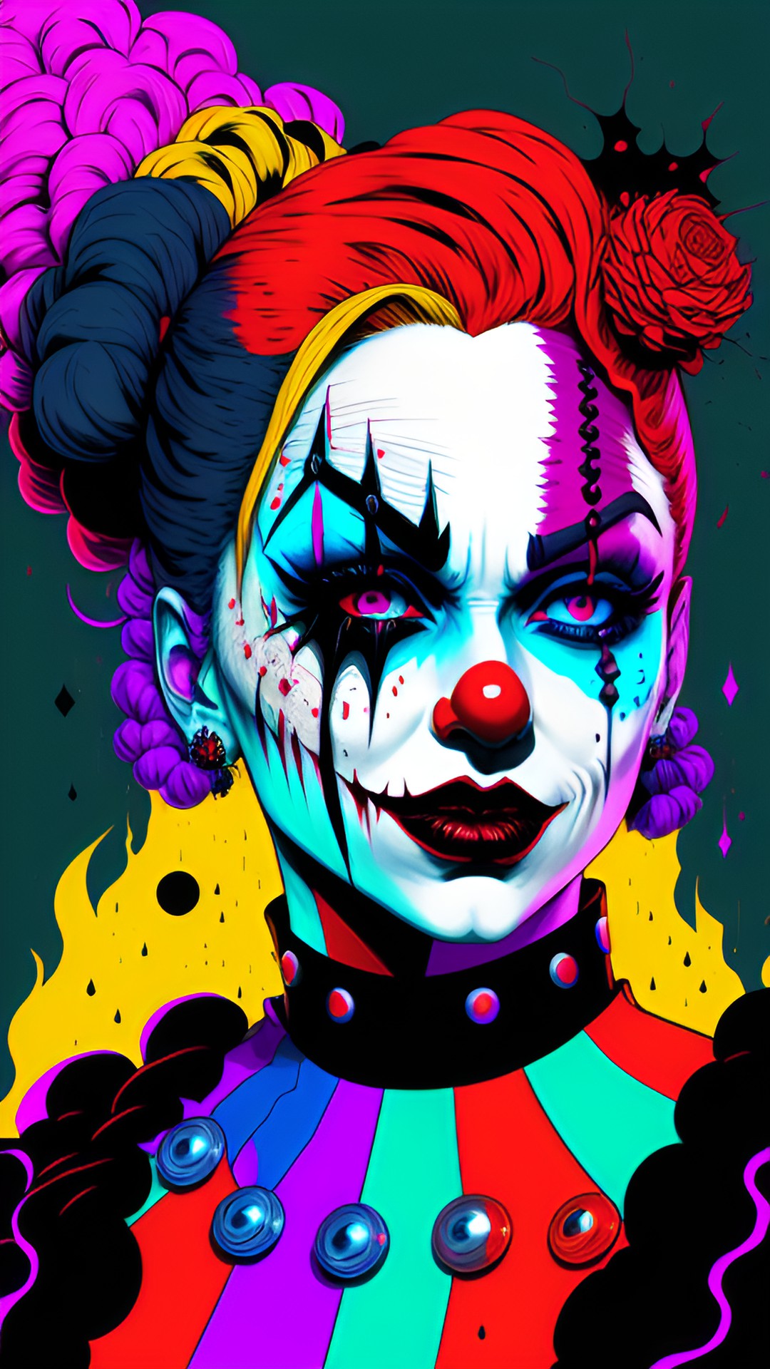 evil horror two faced nightmarish harley quinn clown have the main colors be black, red and blue preview