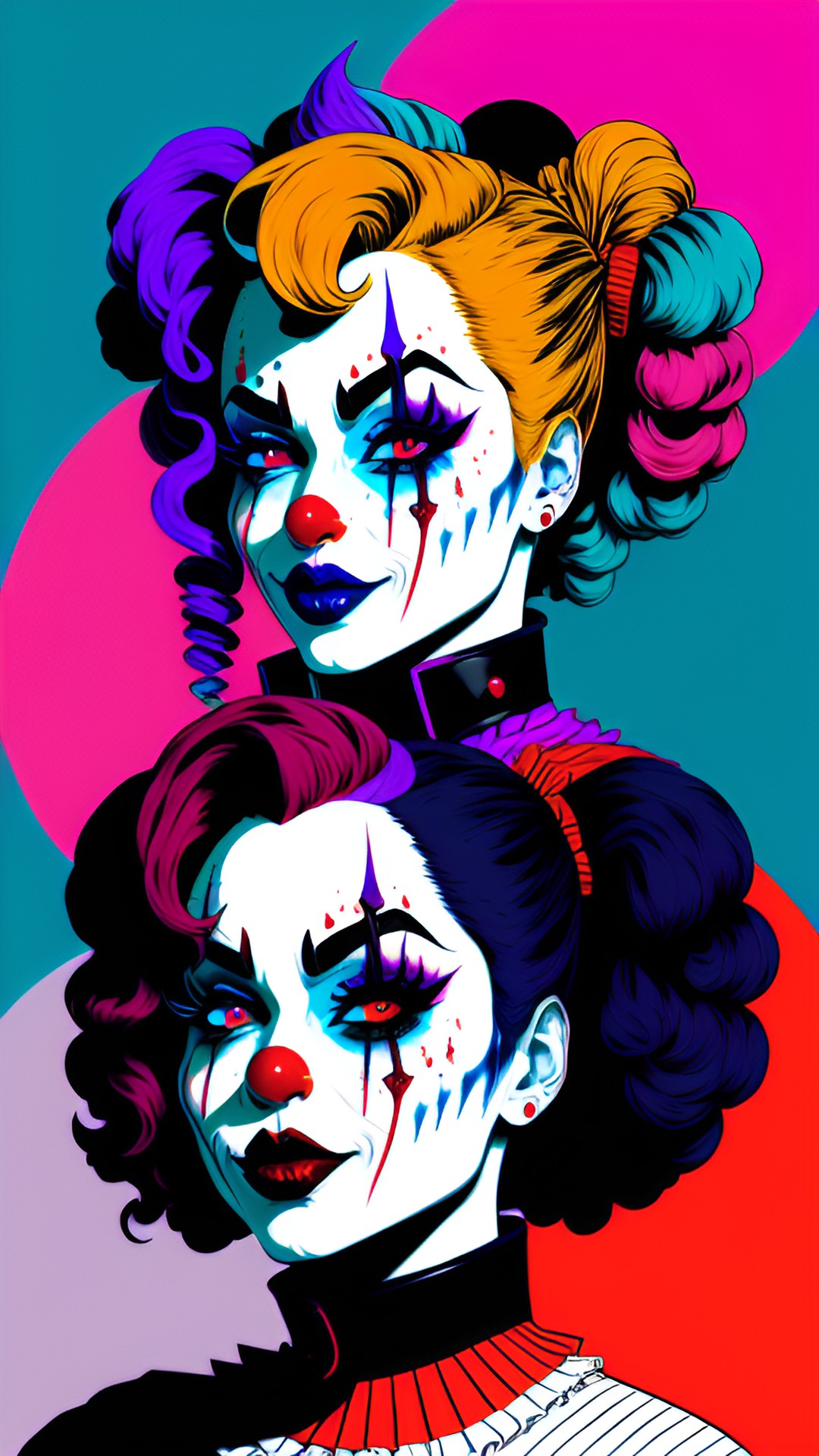 evil horror two faced nightmarish harley quinn clown have the only colors be black, red and blue preview