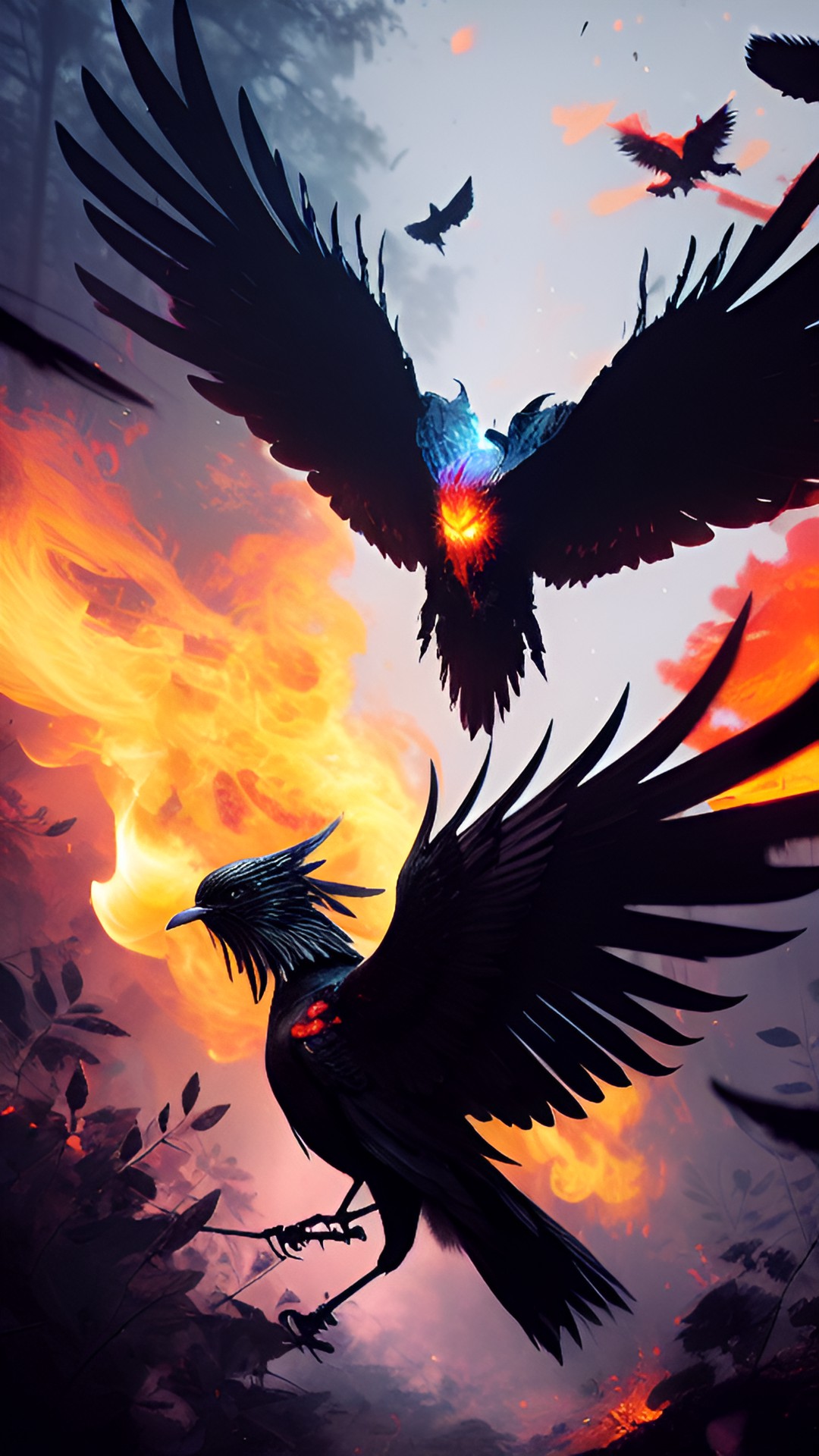 black winged angel flying out of a forest in fire preview