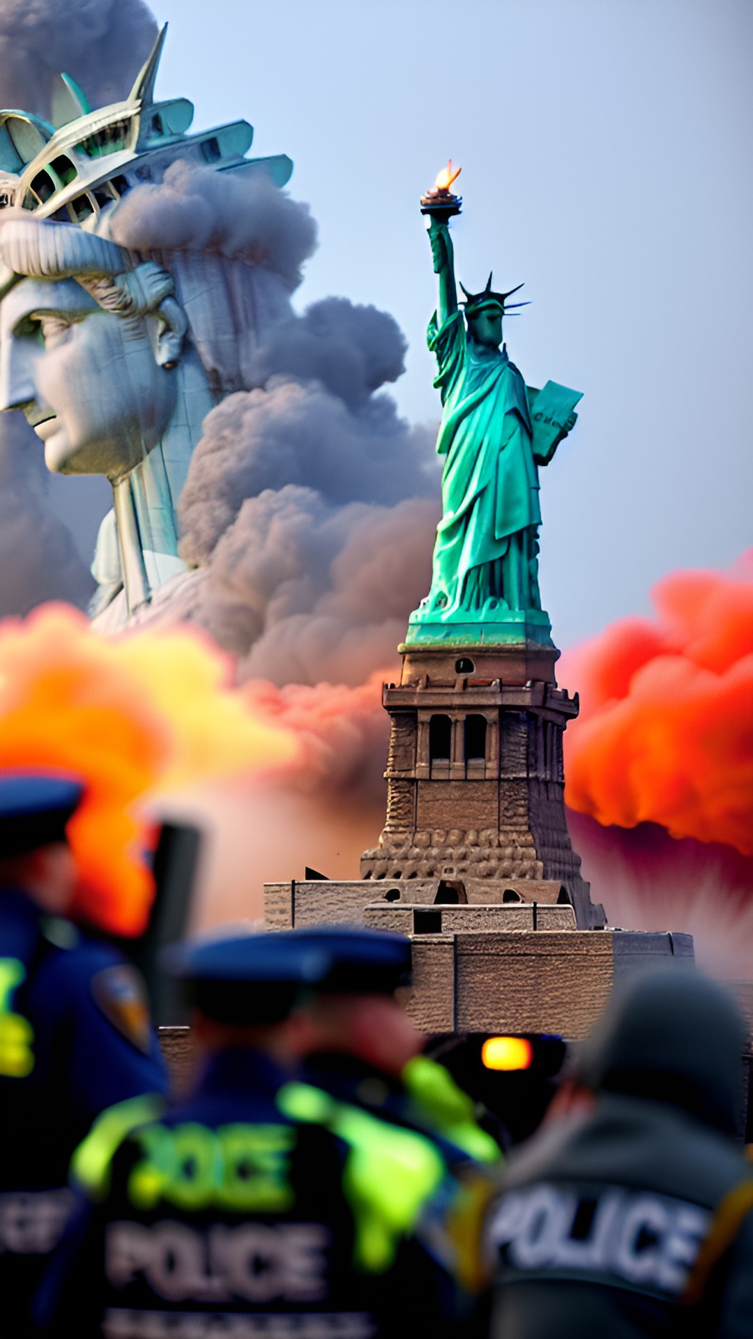 bombs exploding and buildings getting destoryed infront of the statue of liberty as the police try to stop the situation preview