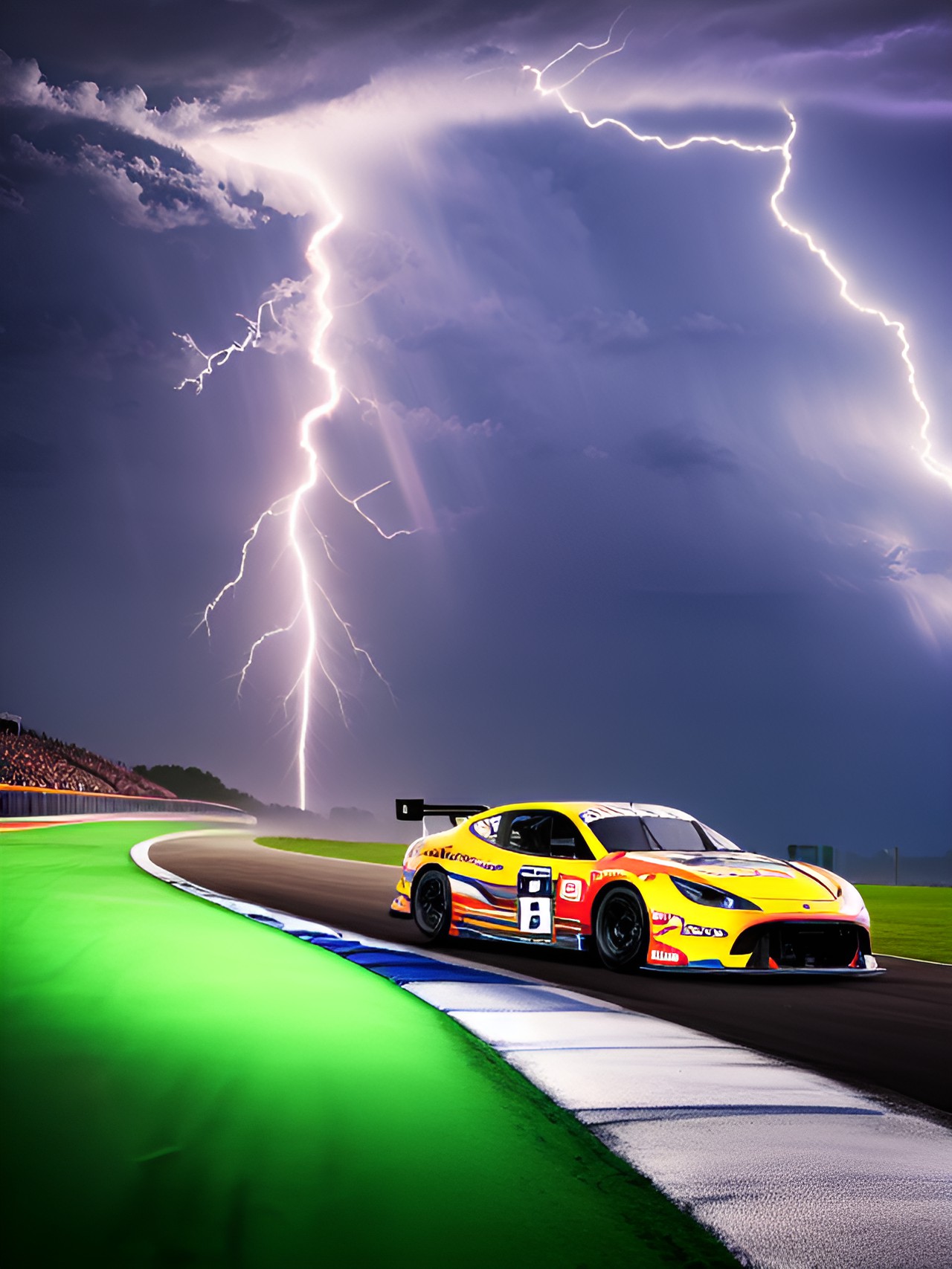 race car on a racing track with many people in stand watching , and a lightning bolt coming down preview