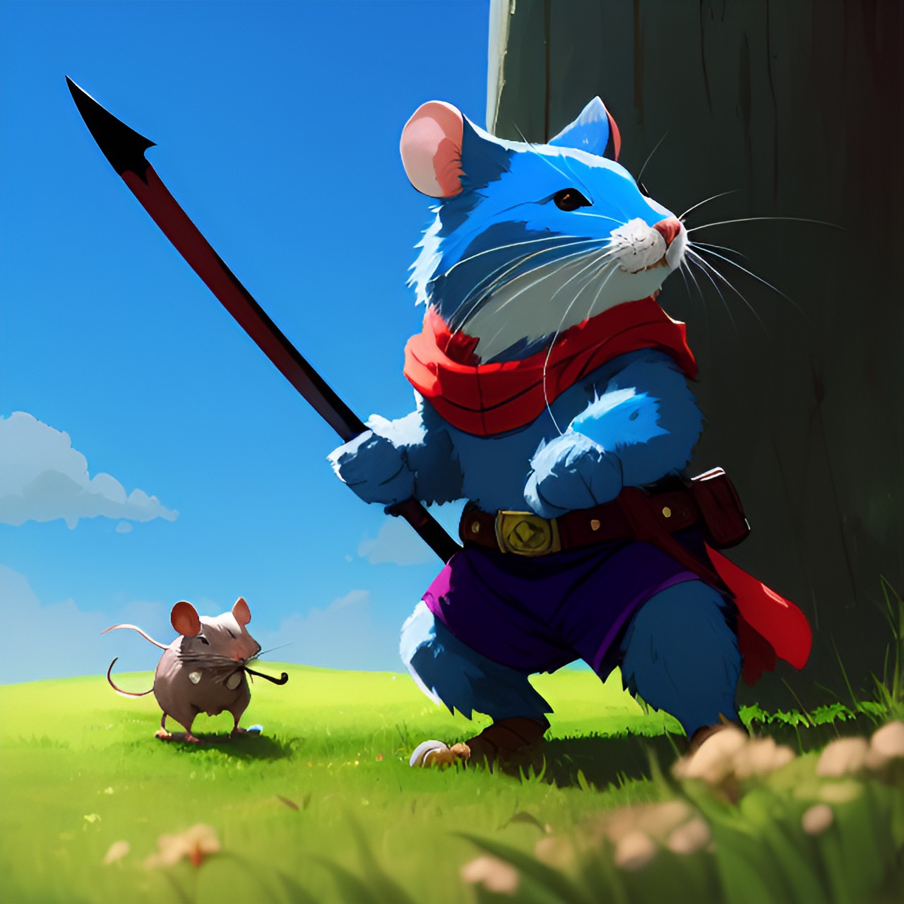 a tough-looking mouse holding a spear. he looks ready for a fight. he has blue fur and green eyes. preview