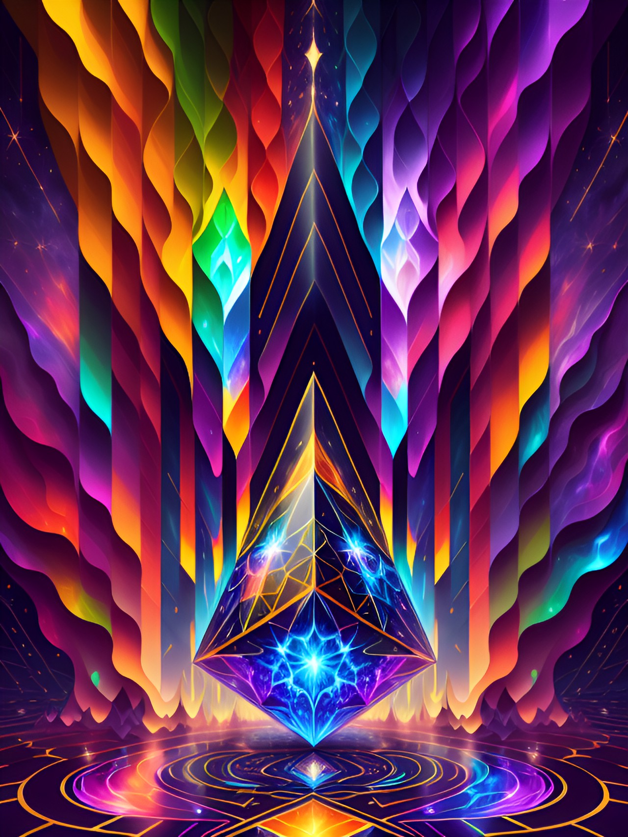 Activation - a merkaba activation depicted as a divine geometric pattern, radiating a bright spectrum of cosmic colors, with beams of light extending outward like lasers from its center, creating a powerful energetic visual representation. preview