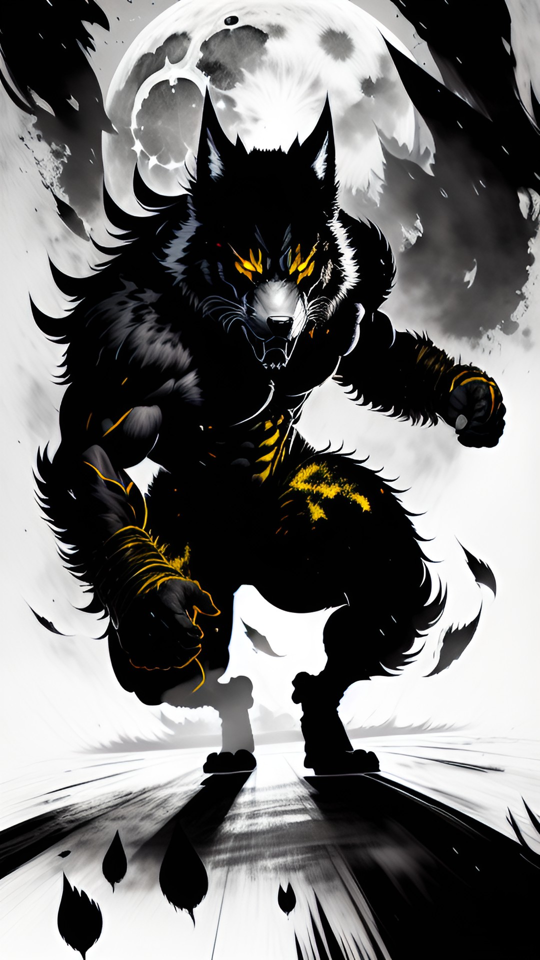 Werewolf - transformation into werewolf, man transform into werewolf, black fur, tailed, wolf fang, wolf crawl, muscle, superstrength, rage, angry, hatred, fury, glowing yellow eyes, howling at the full moon in nighttime, b&w background, street fight style preview