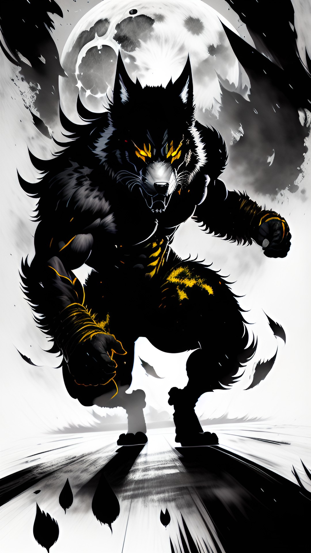 Werewolf - transformation into werewolf, man transform into werewolf, black fur, tailed, wolf fang,￼ ￼wolf crawl, ￼muscle, superstrength, rage, angry, hatred, fury, glowing yellow ￼eyes, howling at the full moon in nighttime, b&w background, street fight ￼style preview