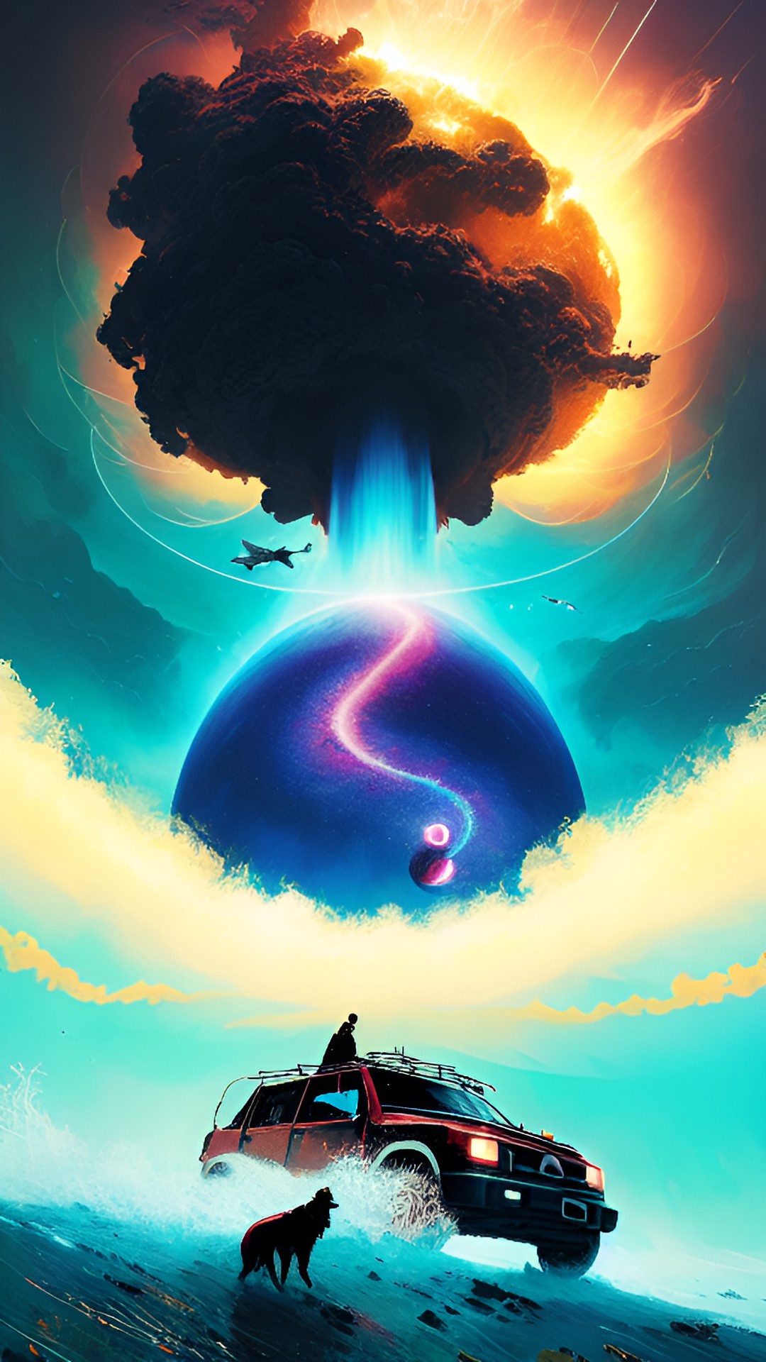 Tidal supernova - two men one dog on an adventure through treacherous magnetic fields past a supernova towards a black hole on a tropical island in a rainstorm next to an erupting volcano stopping a tidal wave with sharks and octopuses preview