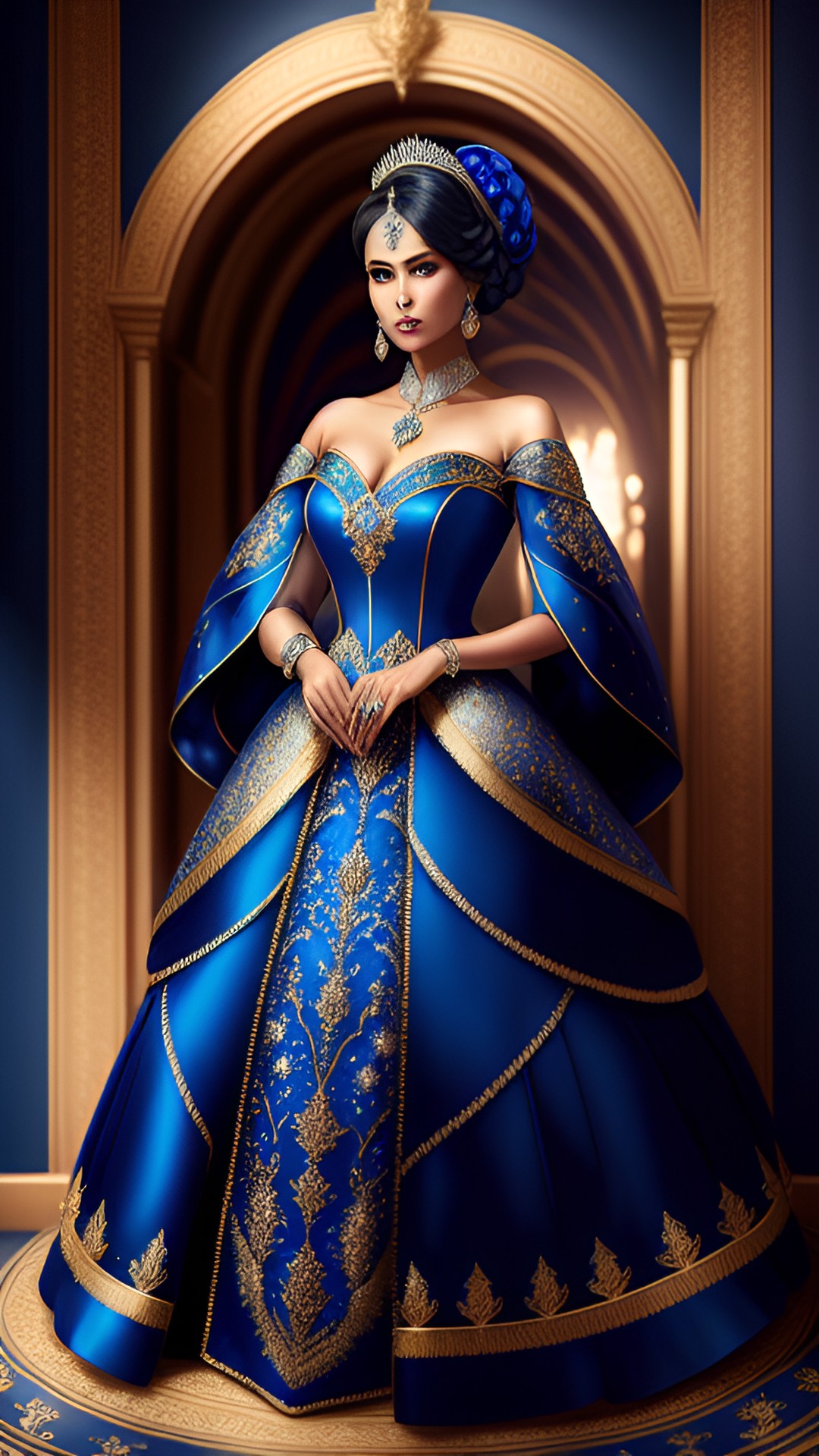 elegant woman wearing a royal blue evening gown decorated with embroidery and a lavish amount of diamonds and sapphires preview