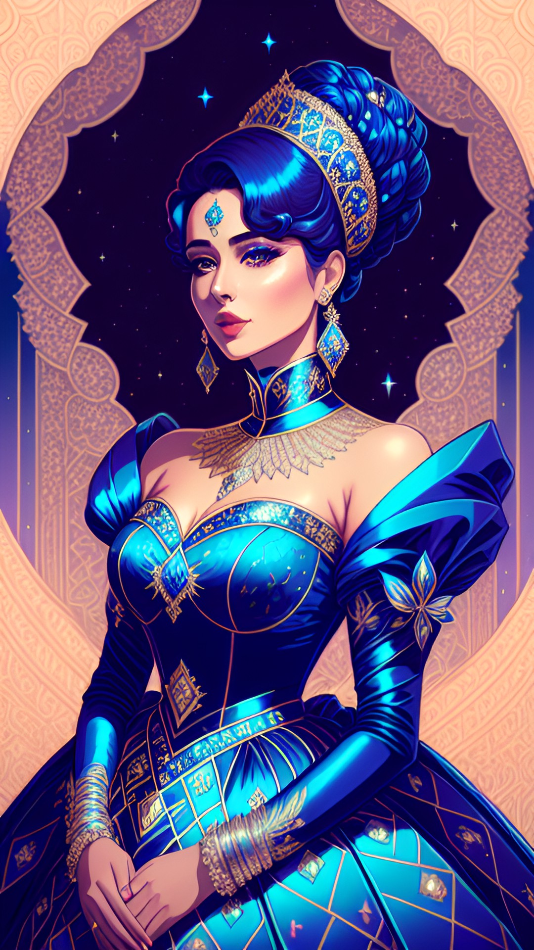 elegant woman wearing a royal blue evening gown decorated with embroidery and a lavish amount of diamonds and sapphires preview