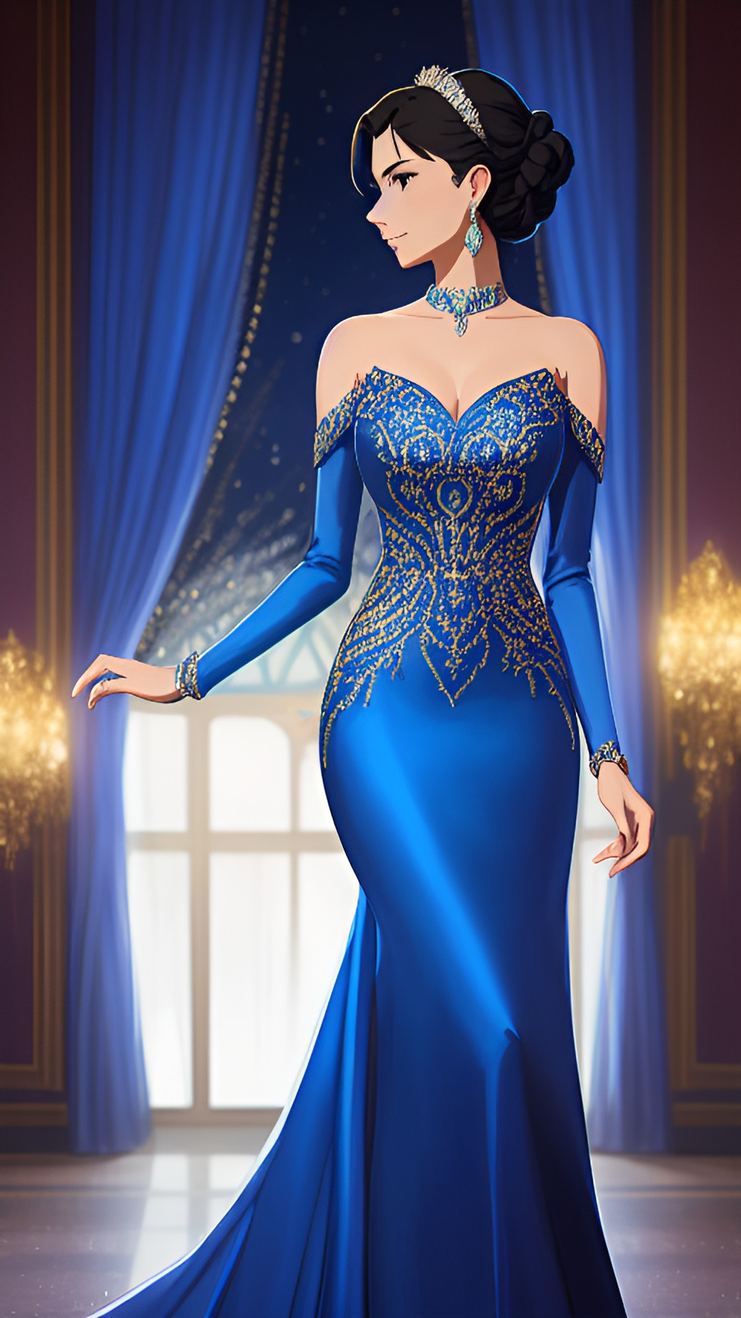 elegant woman wearing a royal blue evening gown decorated with embroidery and a lavish amount of diamonds and sapphires preview