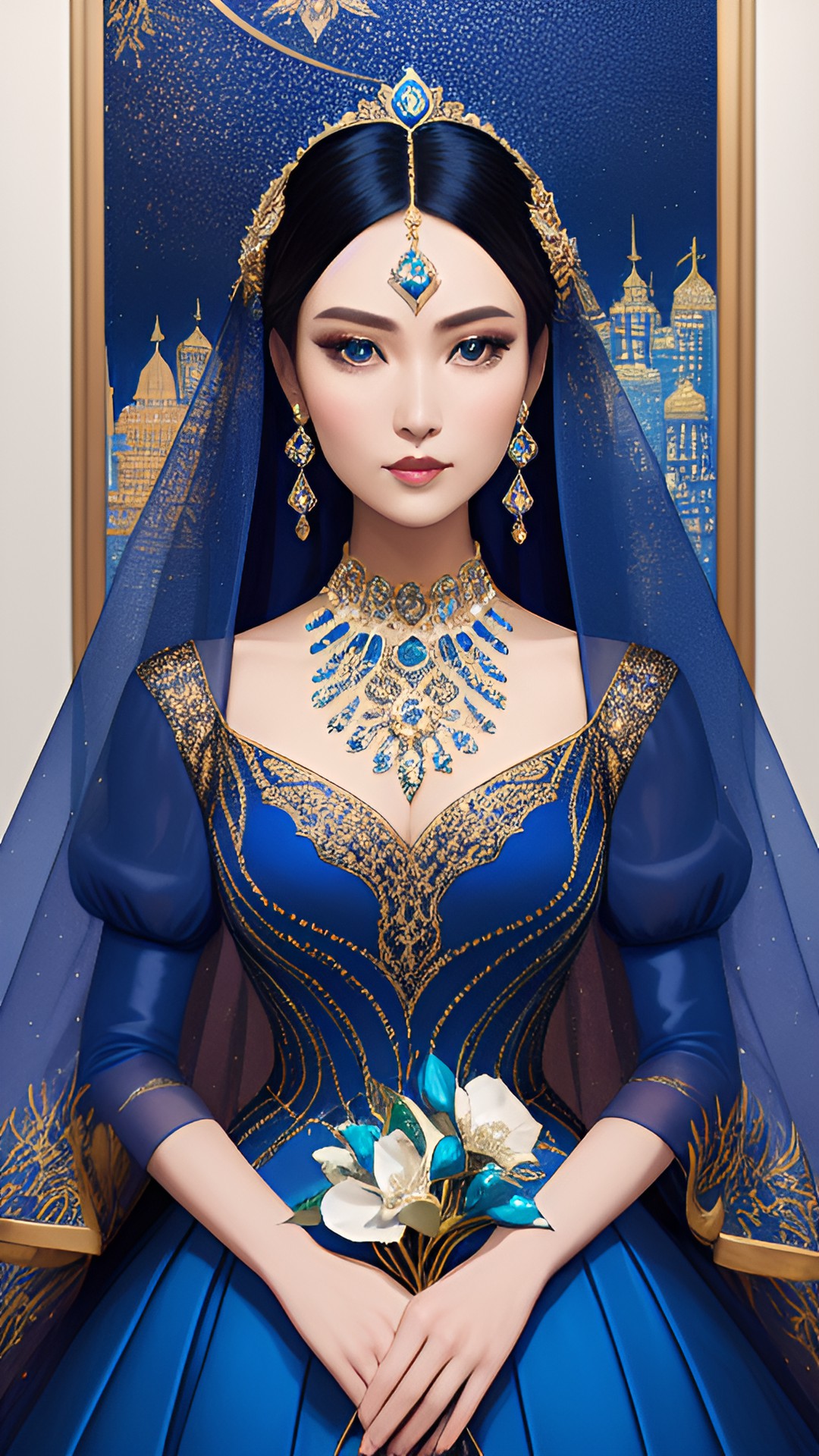 elegant woman wearing a royal blue evening gown decorated with embroidery and a lavish amount of diamonds and sapphires preview