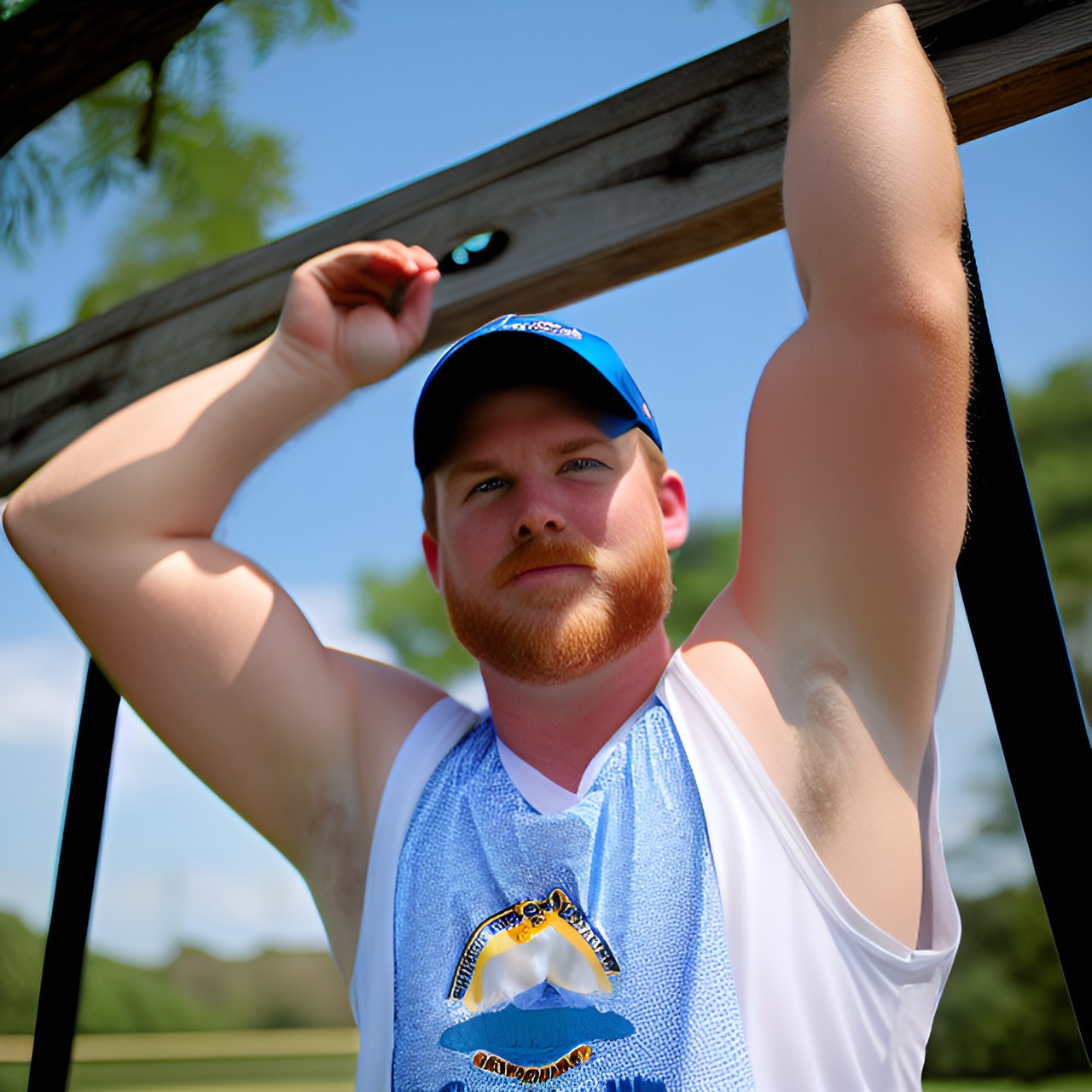 blue-eyed white guy from sweaty dixie, /
pale skin, full lips, plump cheeks, bangs fratty, /
southern sunlight streaming, /
arms raised, armpits sweating, /
tank top flaunting armpit smell vinegary preview