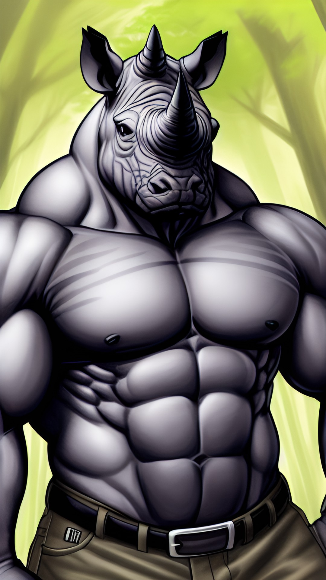 drawing of a very muscular anthropomorphic rhino in a forest preview