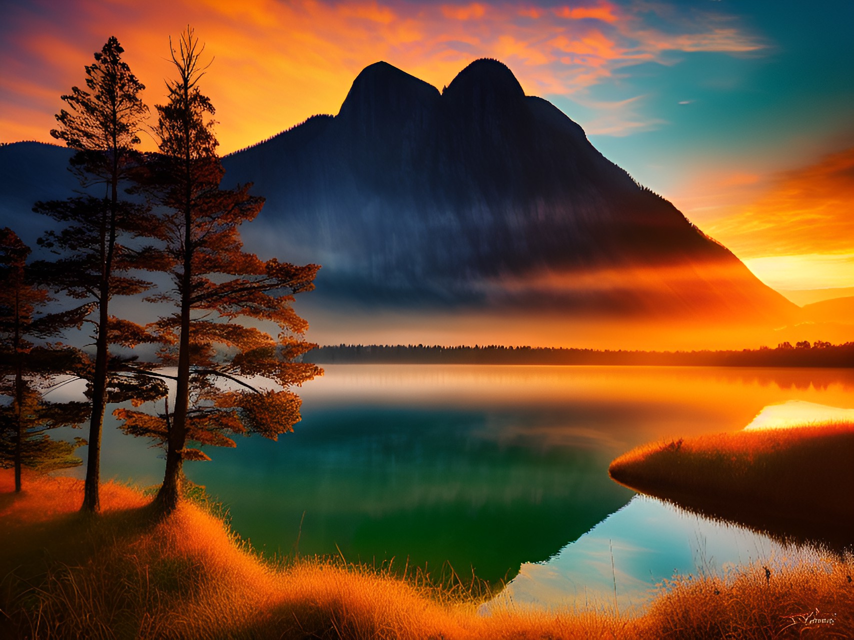 gorgeous - a breathtaking sunset over a vast, serene lake surrounded by lush green forests and towering mountains as far as the eye can see, with warm golden hues casting a glow on the peaceful water. show foreground, mid ground, and background preview