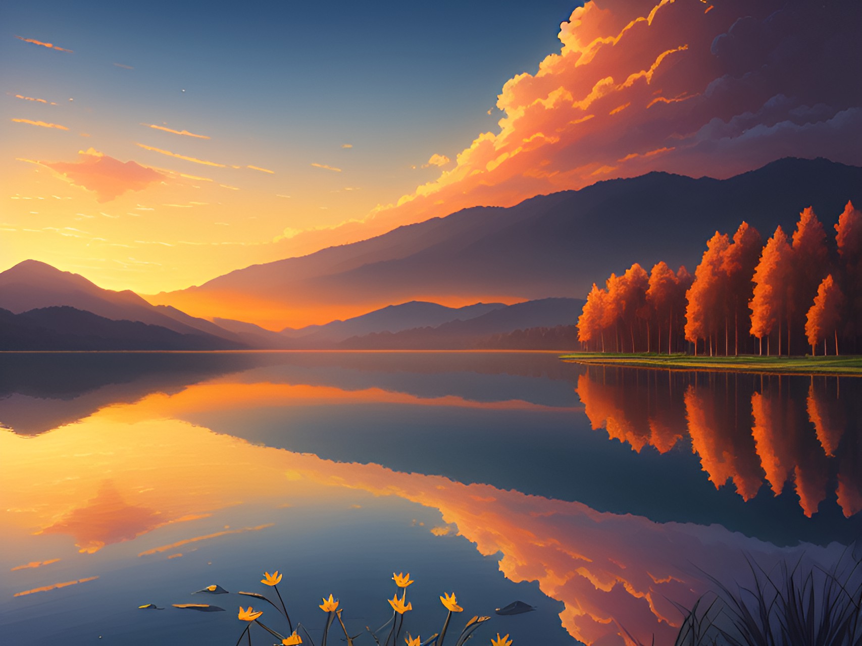 gorgeous  - a breathtaking sunset over a vast, serene lake surrounded by lush green forests and towering mountains as far as the eye can see, with warm golden hues casting a glow on the peaceful water. show foreground, mid ground, and background preview