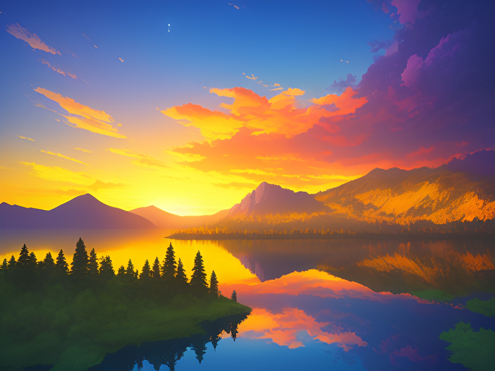gorgeous - a breathtaking sunset over a vast, serene lake surrounded by lush green forests and towering mountains as far as the eye can see, with warm golden hues casting a glow on the peaceful water. show foreground, mid ground, and background preview