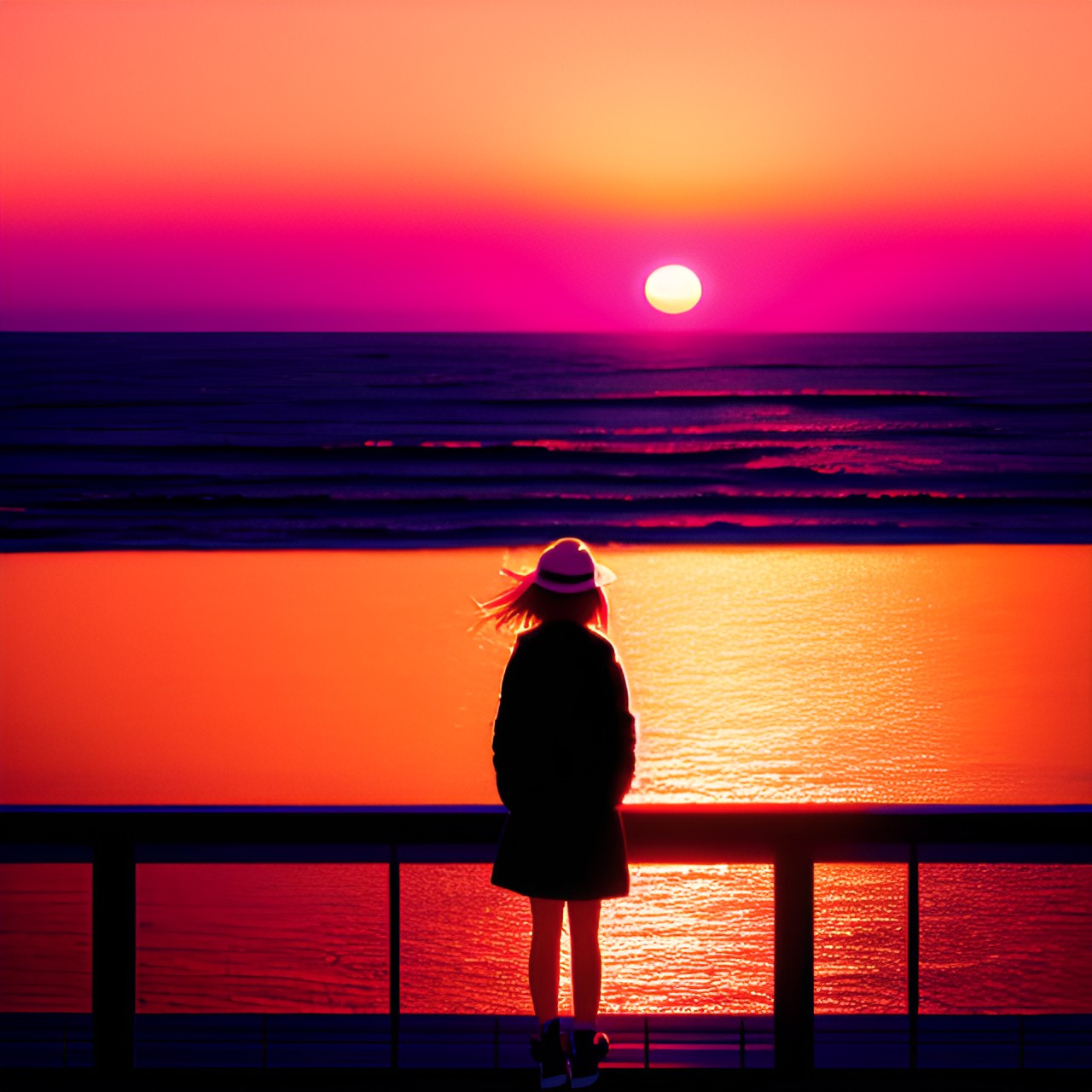 pink and yellow tone sunset over the ocean. woman silhouette standing by a railing on a path preview