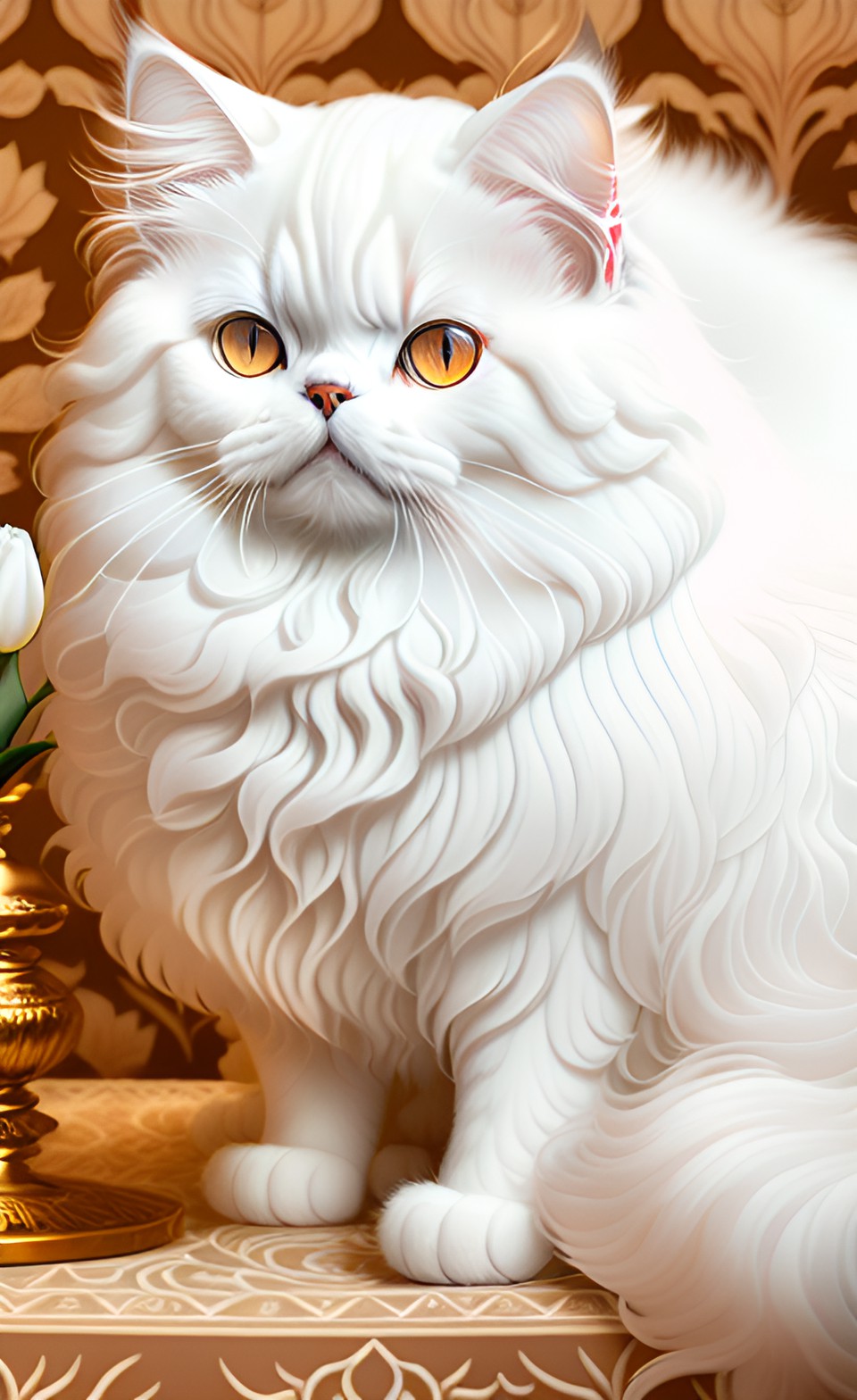 White Persian cat - intricately-detailed long fured white persian cat, small ears, on the table, tulips. light-copper-light-blue-light-burgundy-brown. 128k colouring, ultra-wide angle, 5d, ultra hd, 4-dimension preview