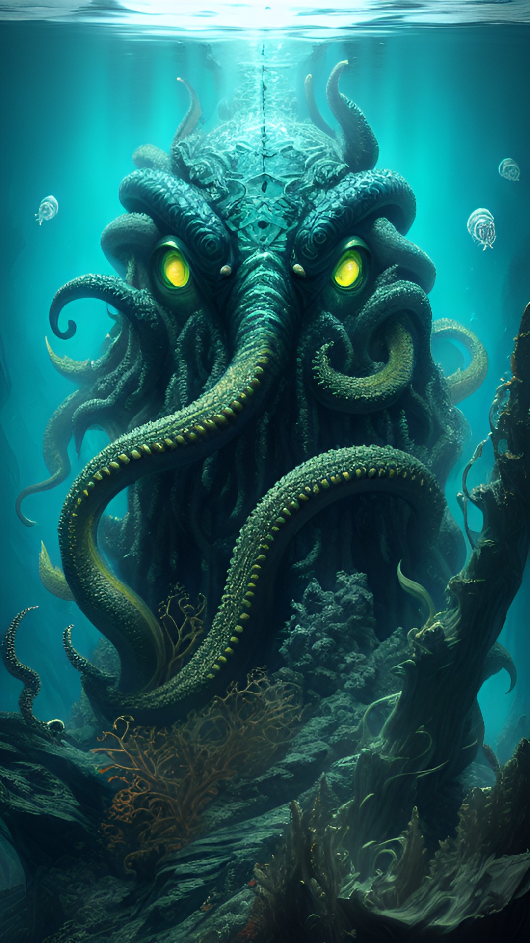 cthulhu under the water column, high detail, aesthetics of the sea, hyperdetalization of the face, realistic characters,tentacles and claws filigree,sharp shapes, hyperdetalization, stage lighting, high resolution 64k, realism, sea, ship, monster attack, horror preview