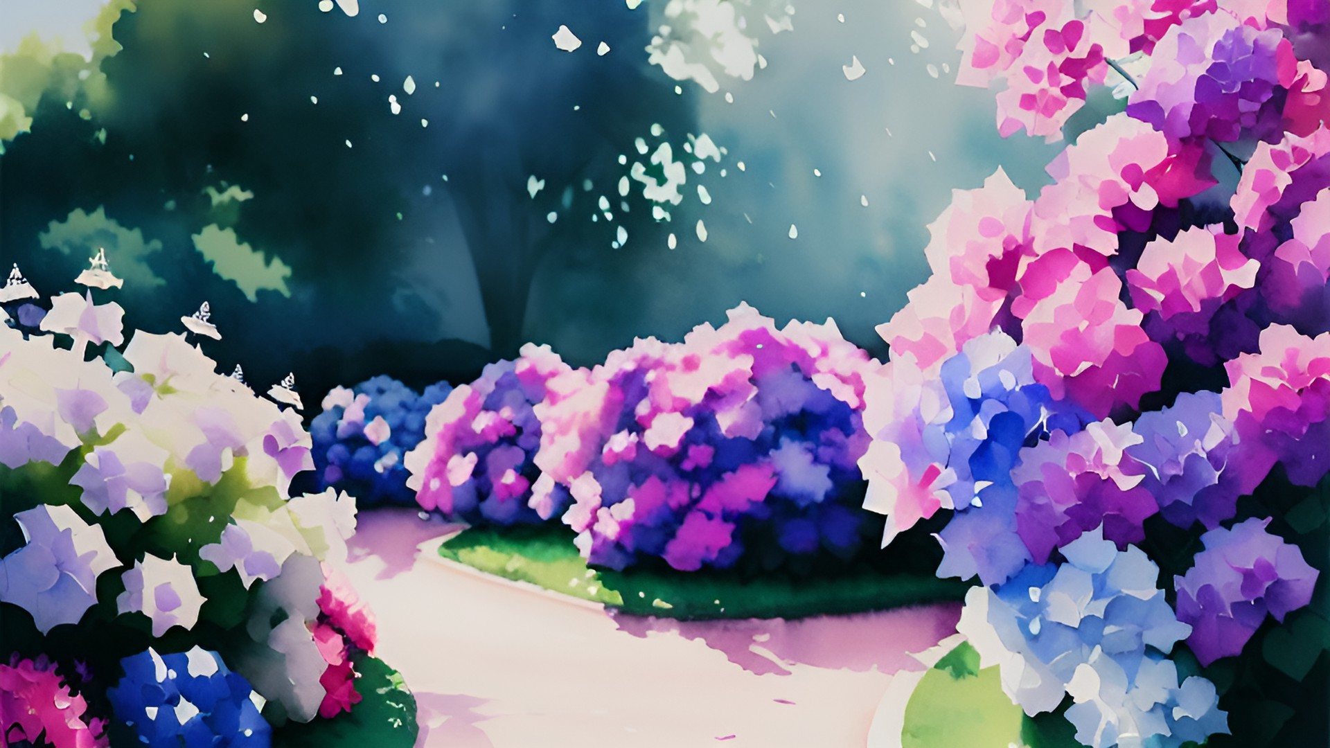 hydrangea garden, pink, blue, purple preview