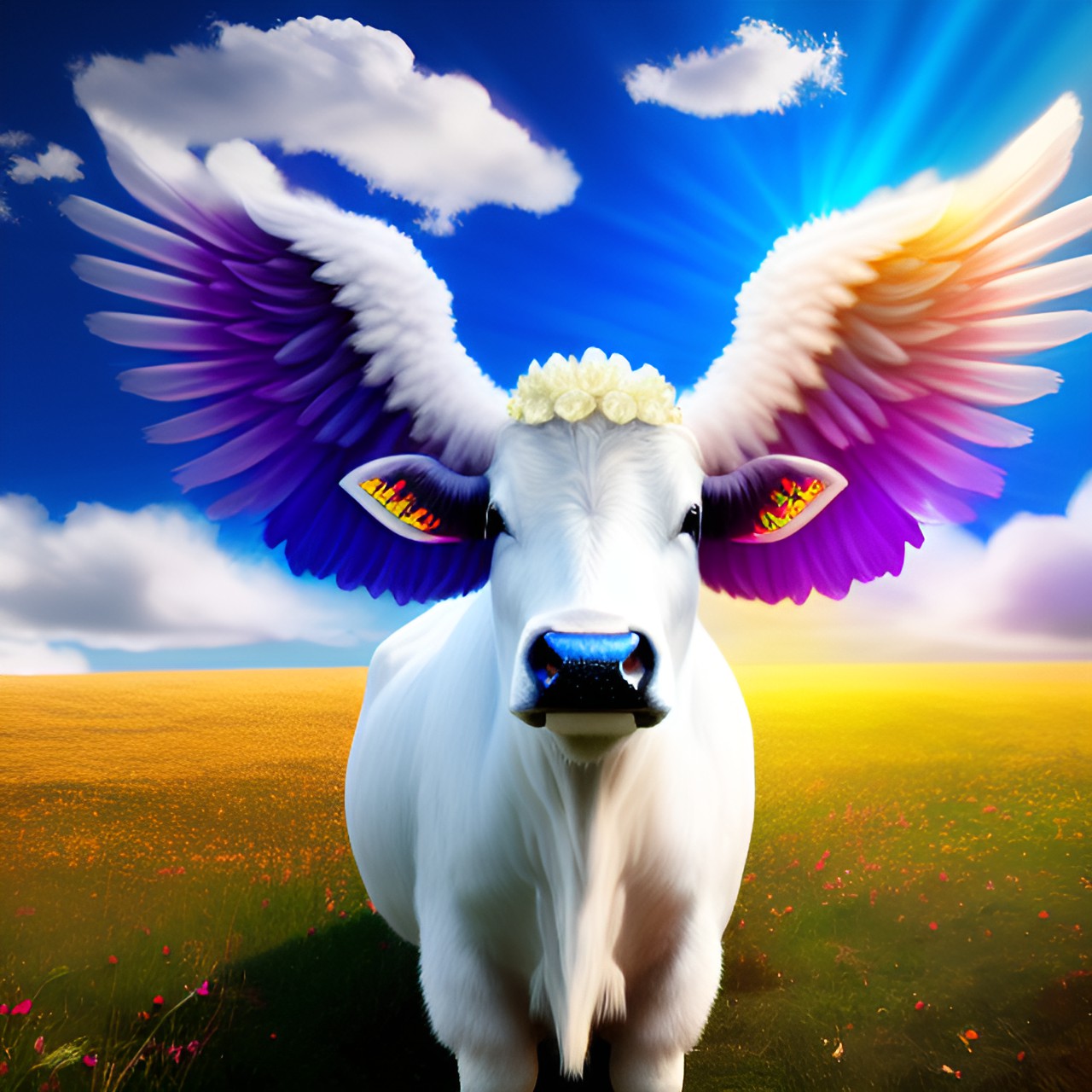 angel cow in heaven - an angelic cow in the heavenly realm. she has white wings and a halo, and she is surrounded by fluffy clouds. she looks content and peaceful. preview