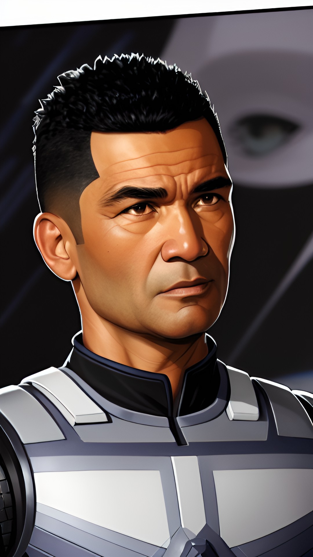 temuera morrison with a mohawk and detailed face in white clone armor with black trim. he has the sides of his head is shaved. preview